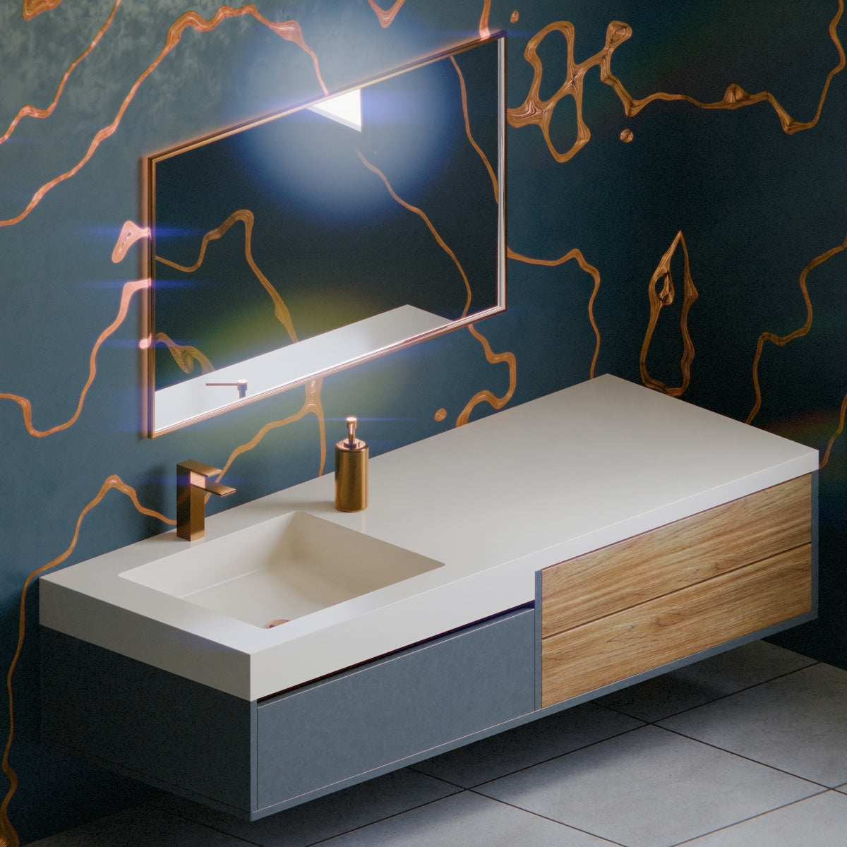 Modern bathroom vanity with mirror and marble wall.