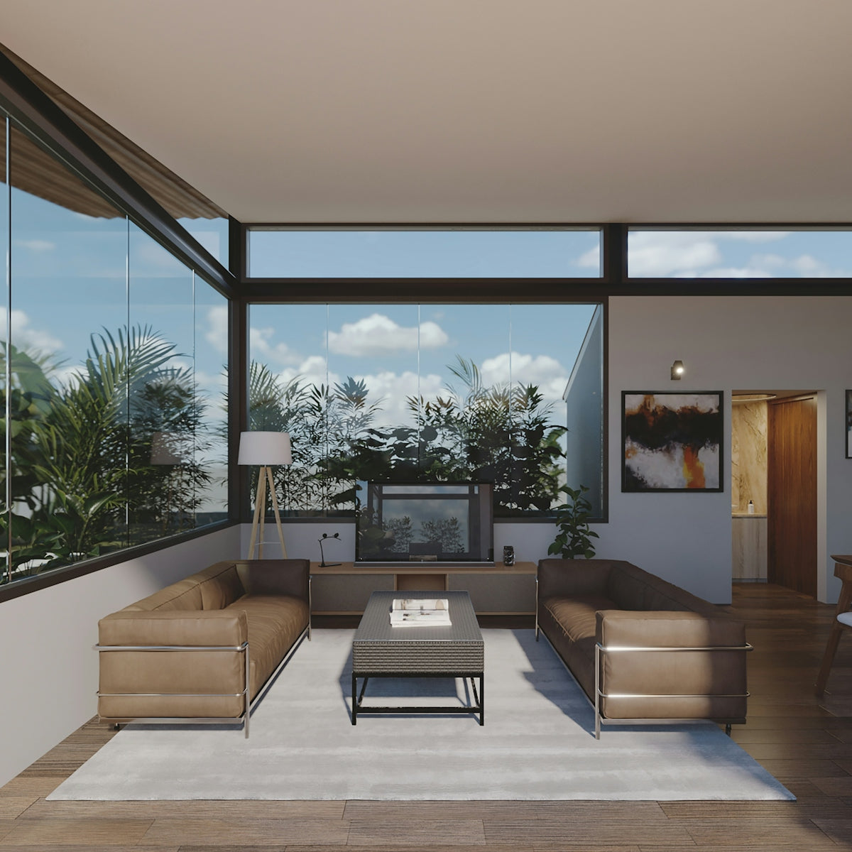 Modern living room with large windows and plants