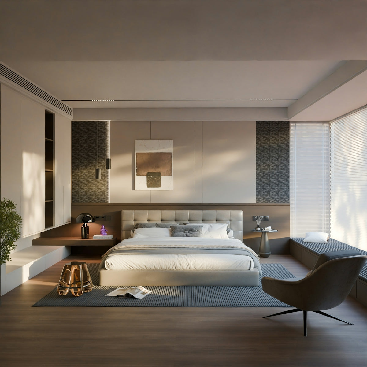 Luxurious bedroom with a large bed and modern furniture.