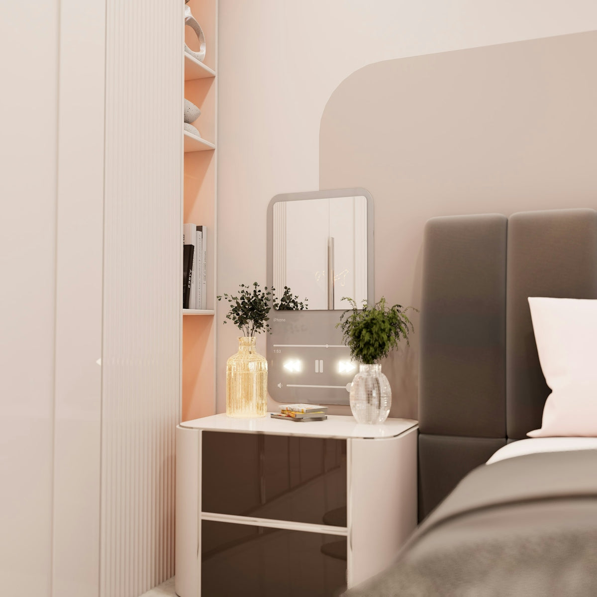 Modern bedroom with nightstand and decor