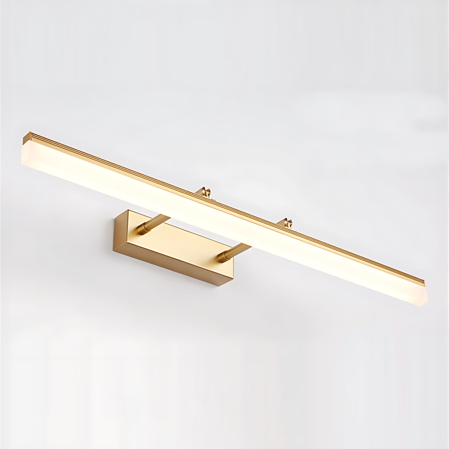 A modern LED bathroom cabinet mirror wall lamp with a sleek, minimalist design, featuring a gold-colored frame and integrated LED lighting.