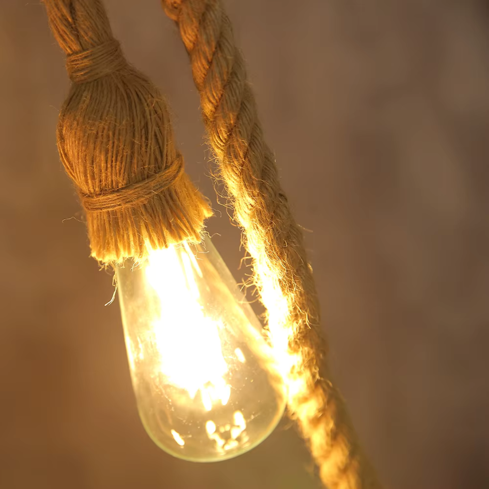 Vintage-style light bulb hanging by a rope with a warm glow against a blurred background