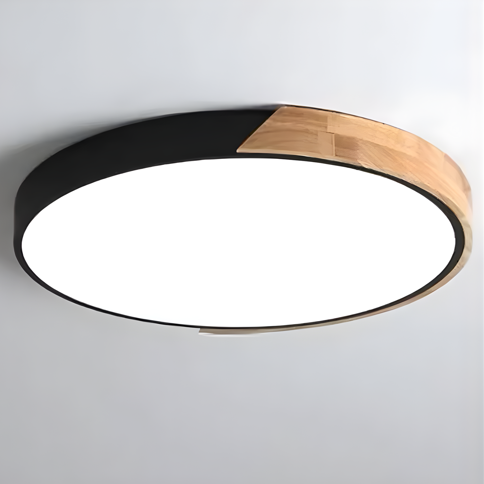 Ceiling light fixture with black and wood finish on a white background