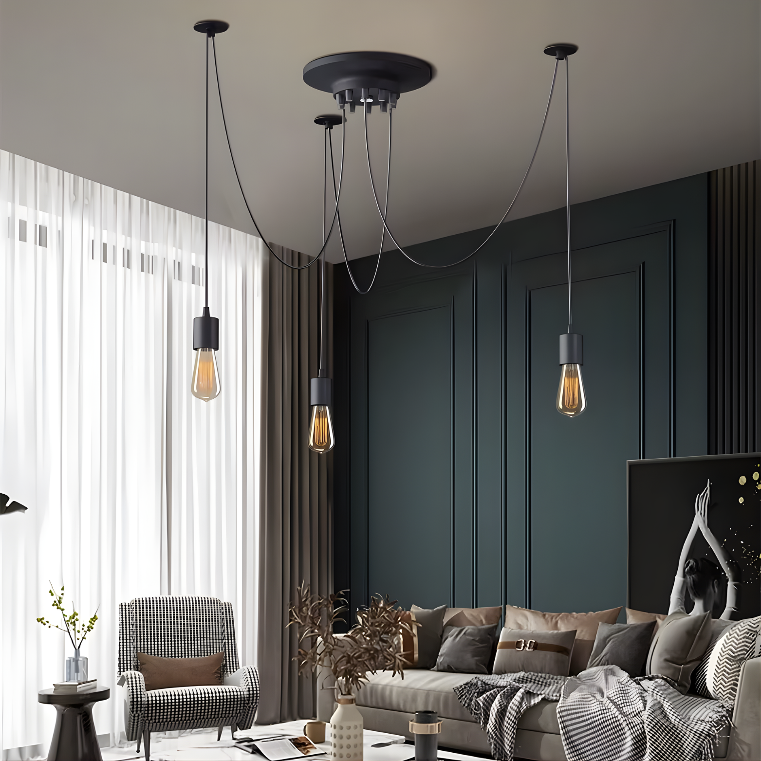 Modern living room with dark panel walls, pendant lights, and a gray sofa.