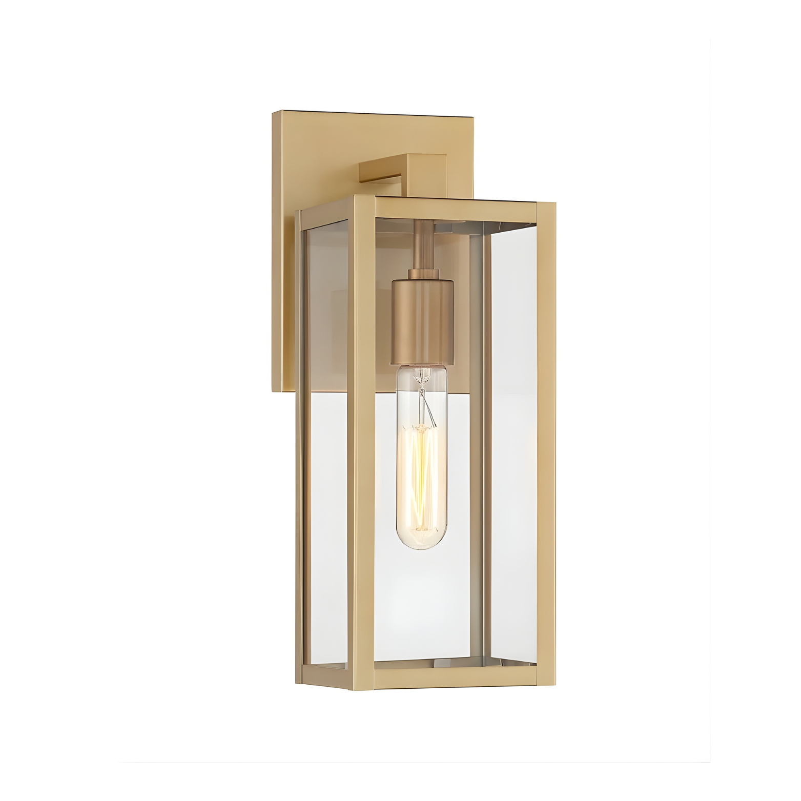 Gold wall-mounted light fixture with clear glass on a white background