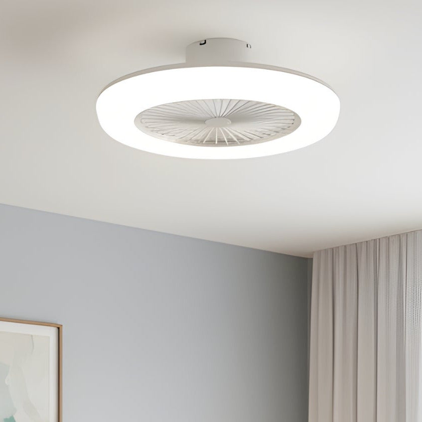 Modern bedroom with ceiling fan light, bed, and abstract wall art