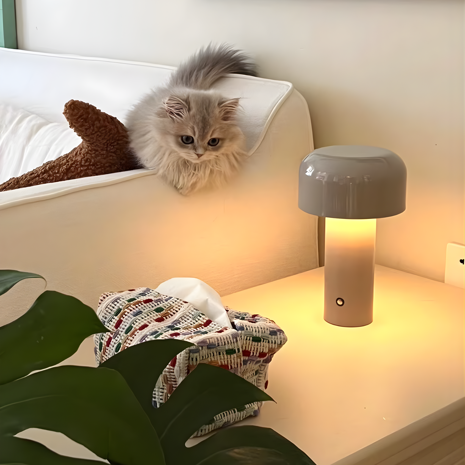Cat peeking over a white surface with a lamp and plant in the foreground