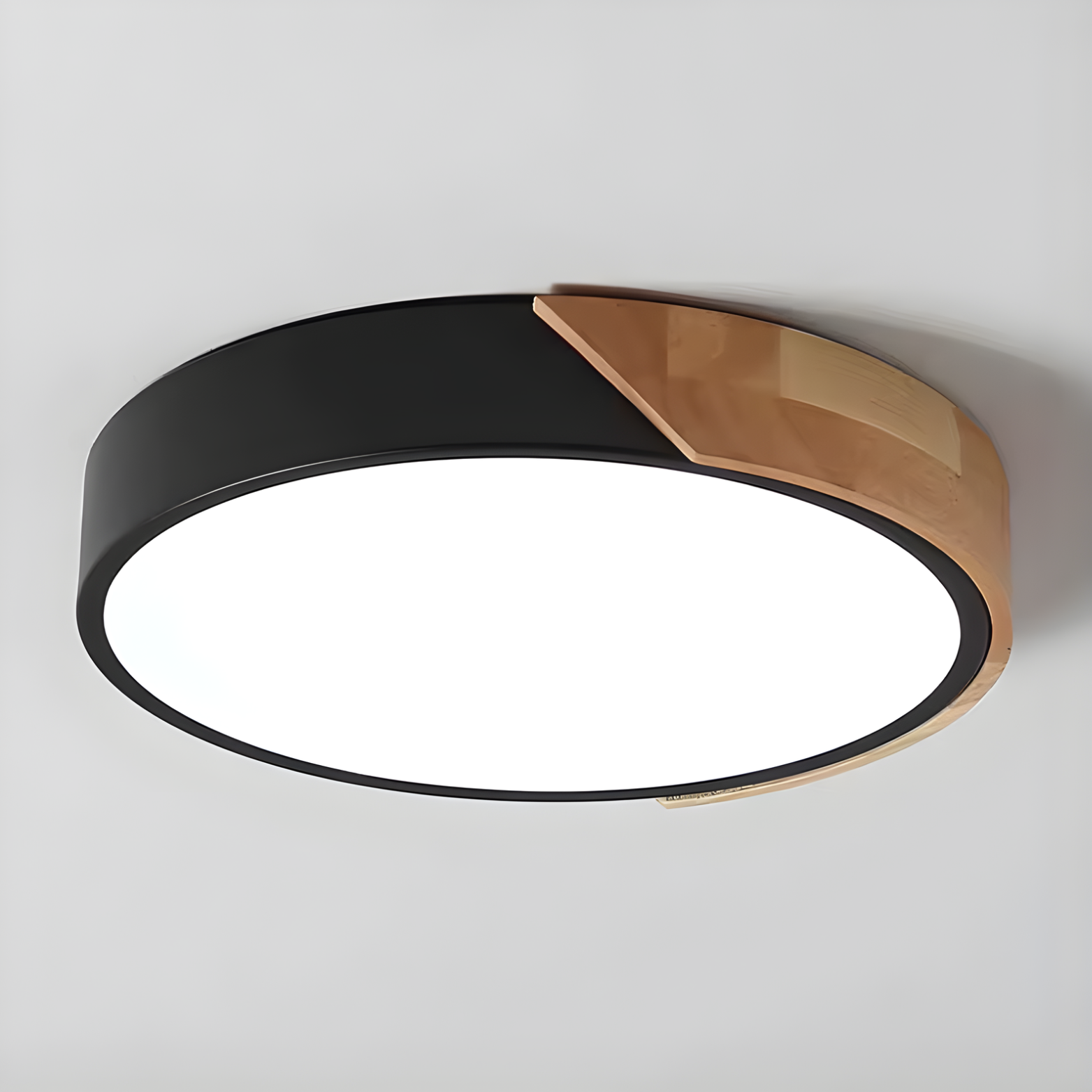 Ceiling light fixture with black and wood finish on a gray background
