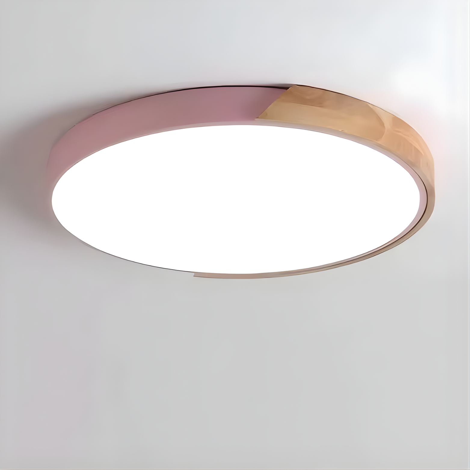 Ceiling light fixture with pink and wooden design on a white background