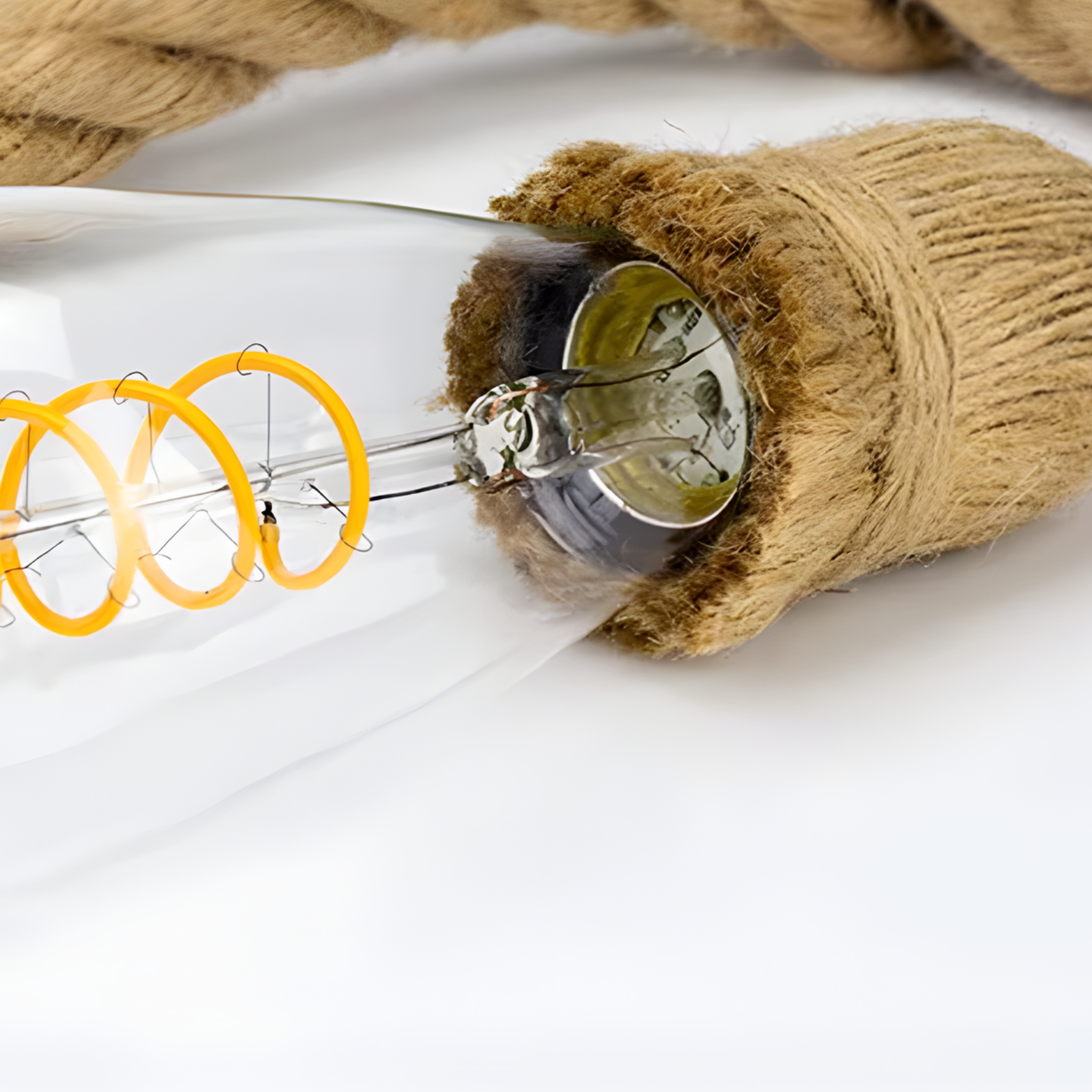 Light bulb wrapped in jute with yellow spiral on a white background