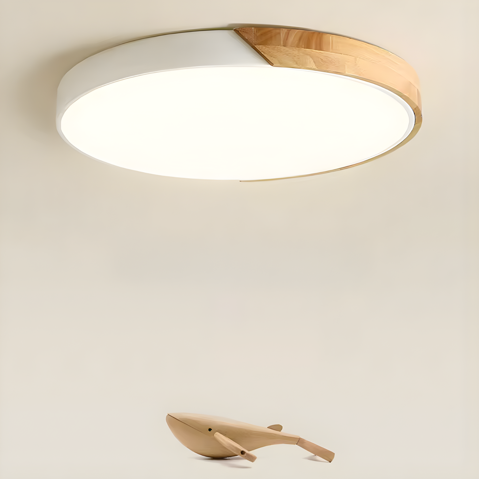 Ceiling light fixture with wooden accents on a beige wall