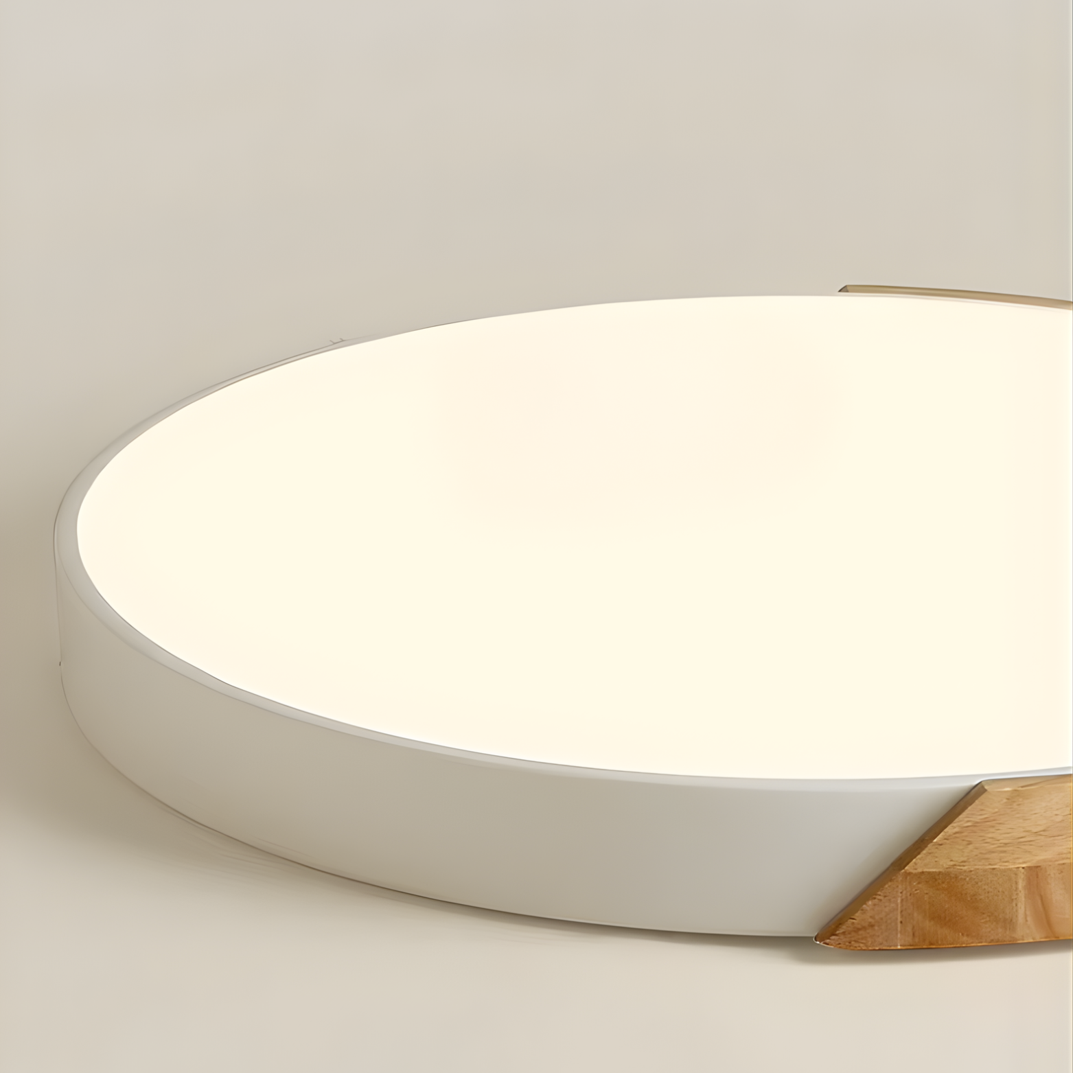 Round ceiling light fixture with wooden accent on a neutral background