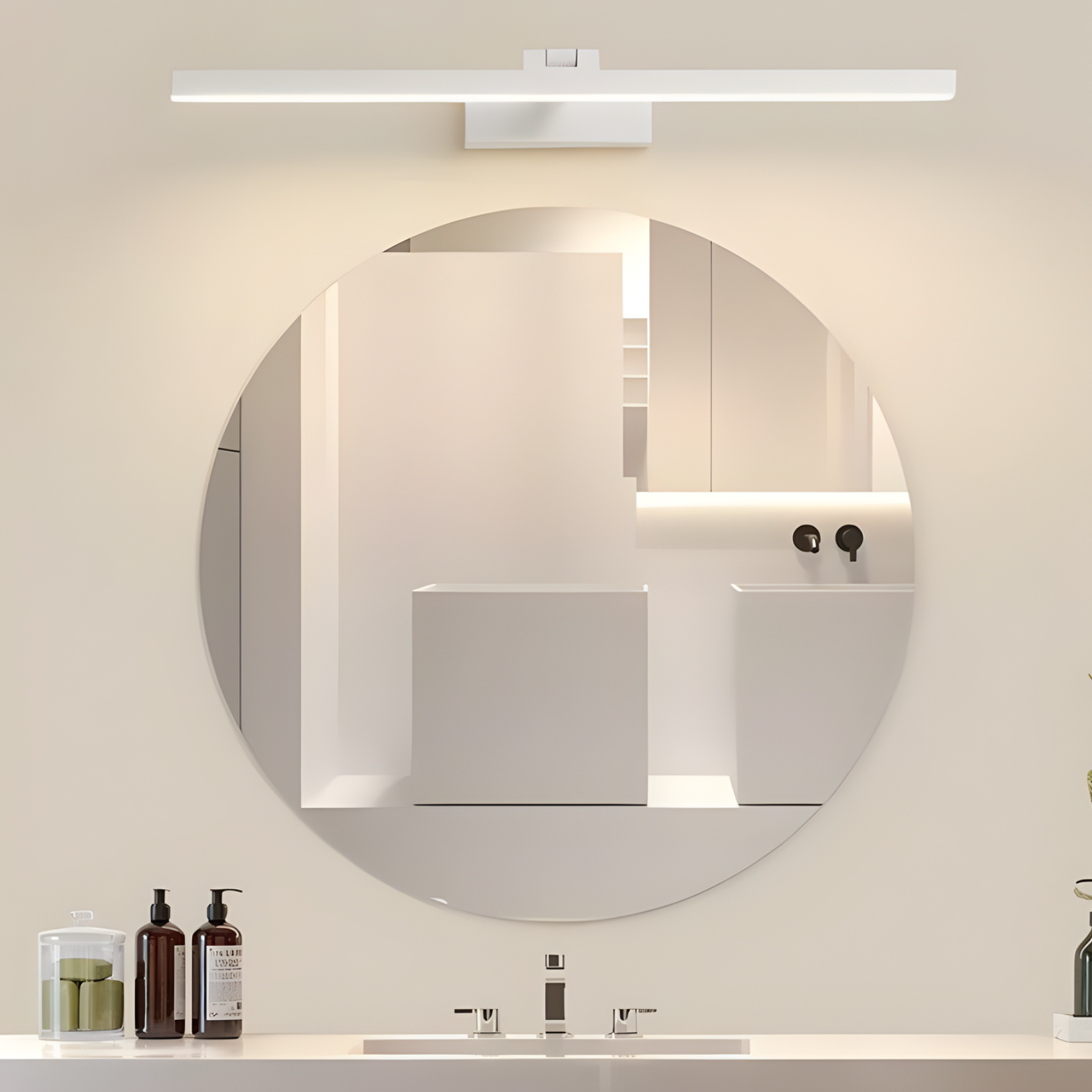 Bathroom vanity with round mirror and modern light fixture