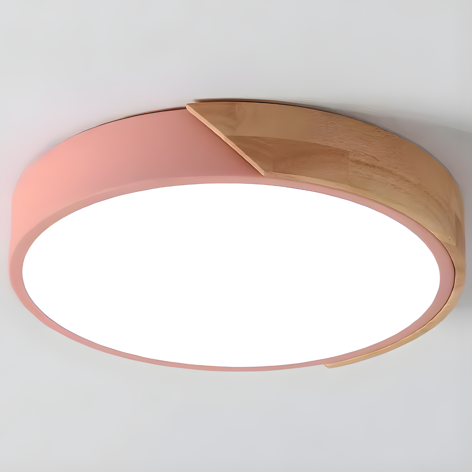 Ceiling light fixture with pink and wooden design on a white background