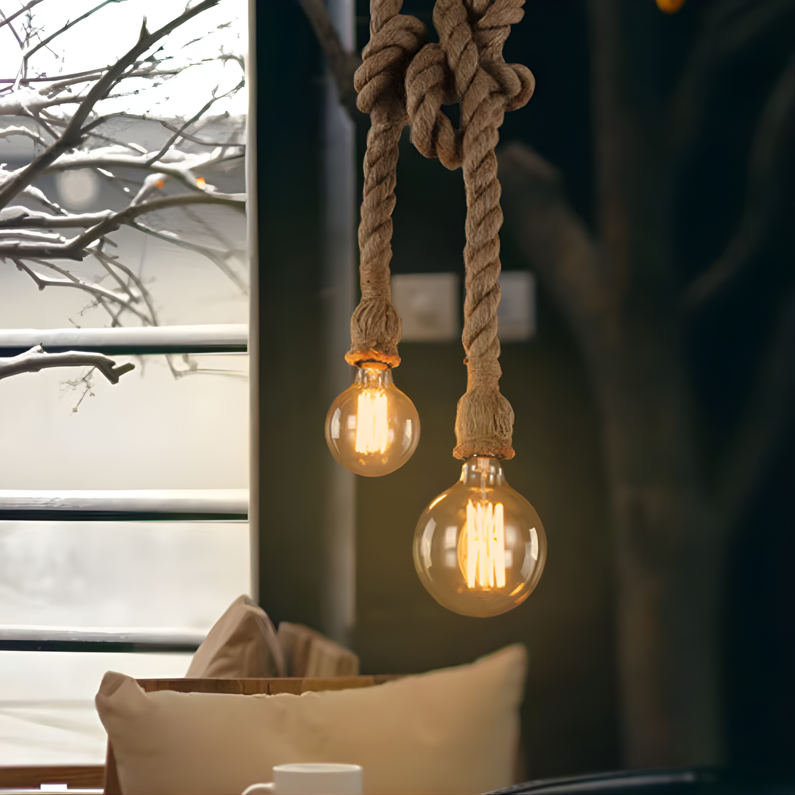 Two illuminated light bulbs hanging by knotted ropes with a blurred indoor background