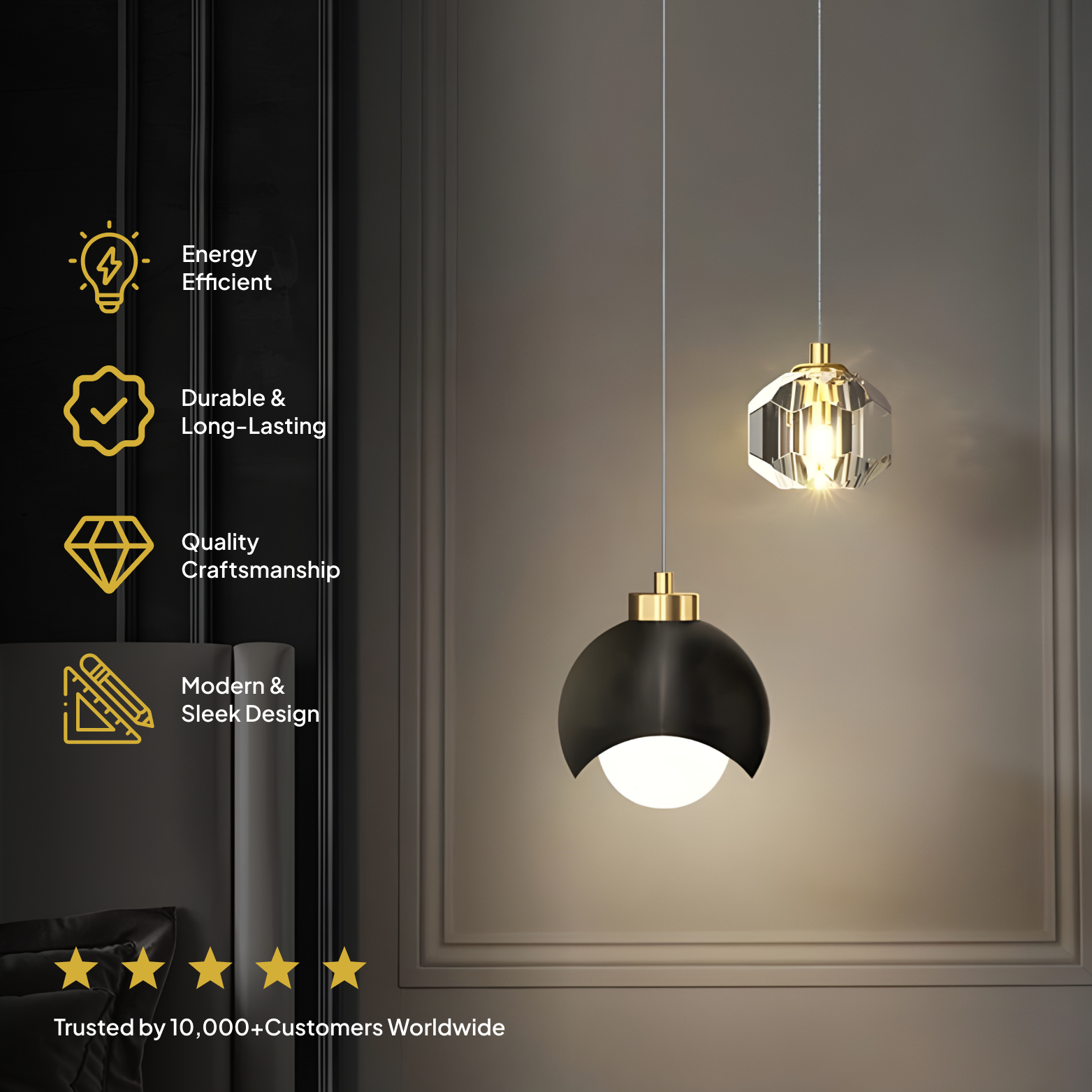 Modern pendant lights with energy efficiency, durability, craftsmanship, and design features displayed on a dark background.