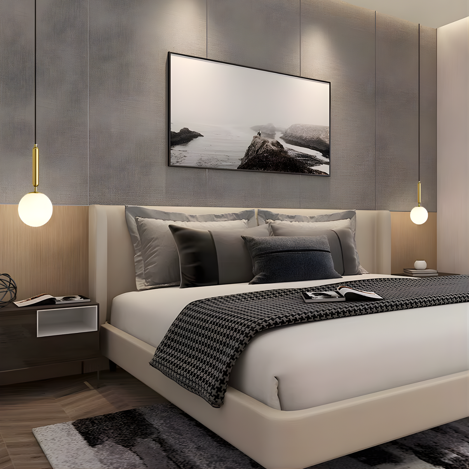 Modern bedroom with a bed, nightstands, and wall art.
