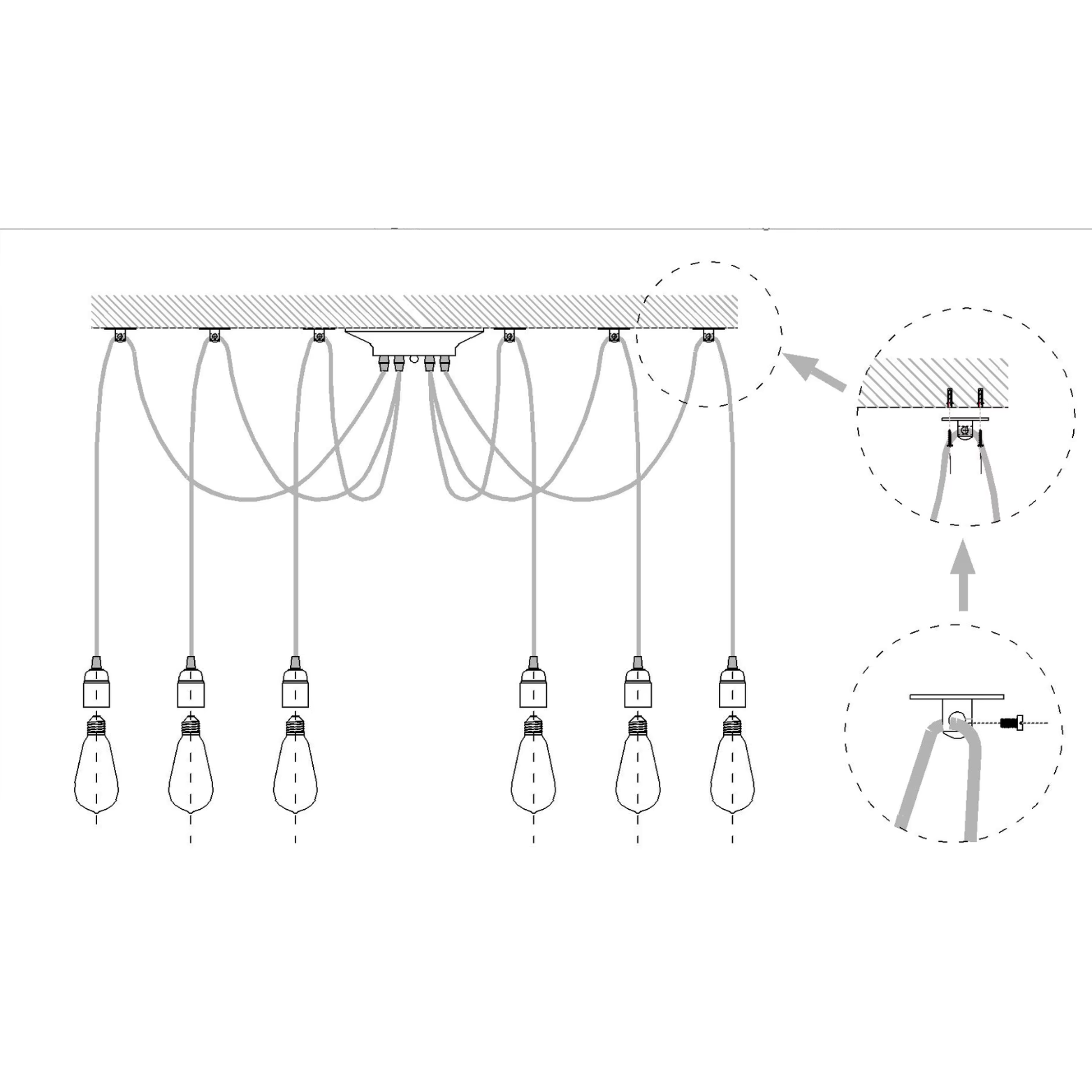 Technical drawing of a pendant light fixture with detailed components.
