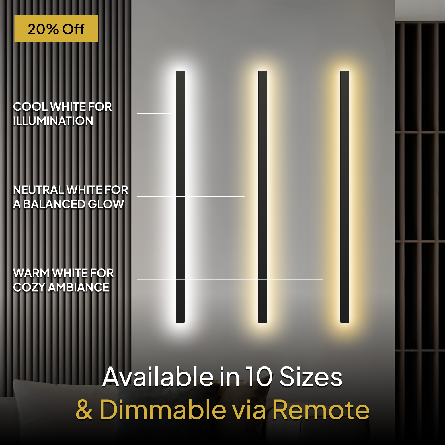 Three wall-mounted lights with different color temperatures on a gray wall.