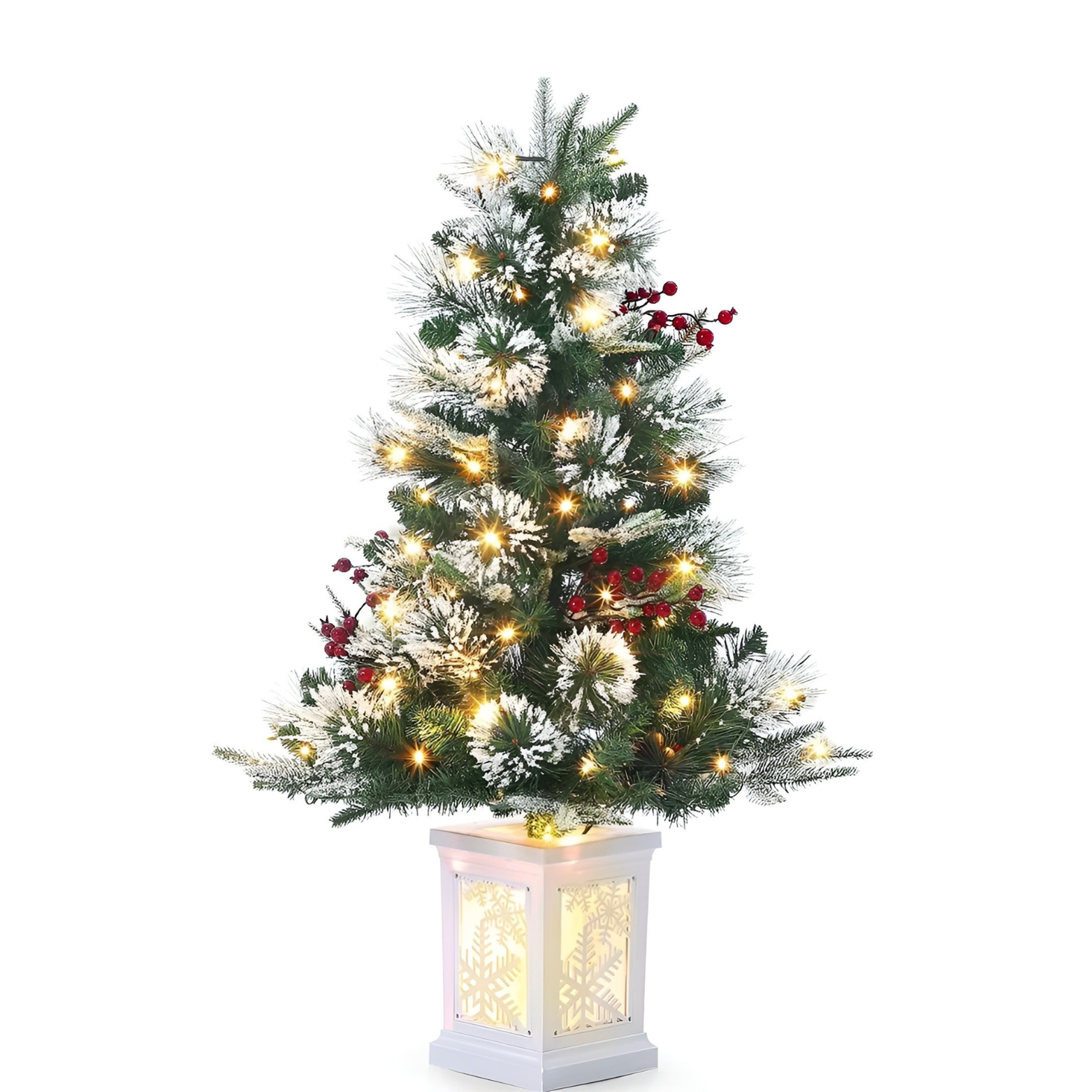 Decorated Christmas tree with lights and berries in a white lantern on a white background