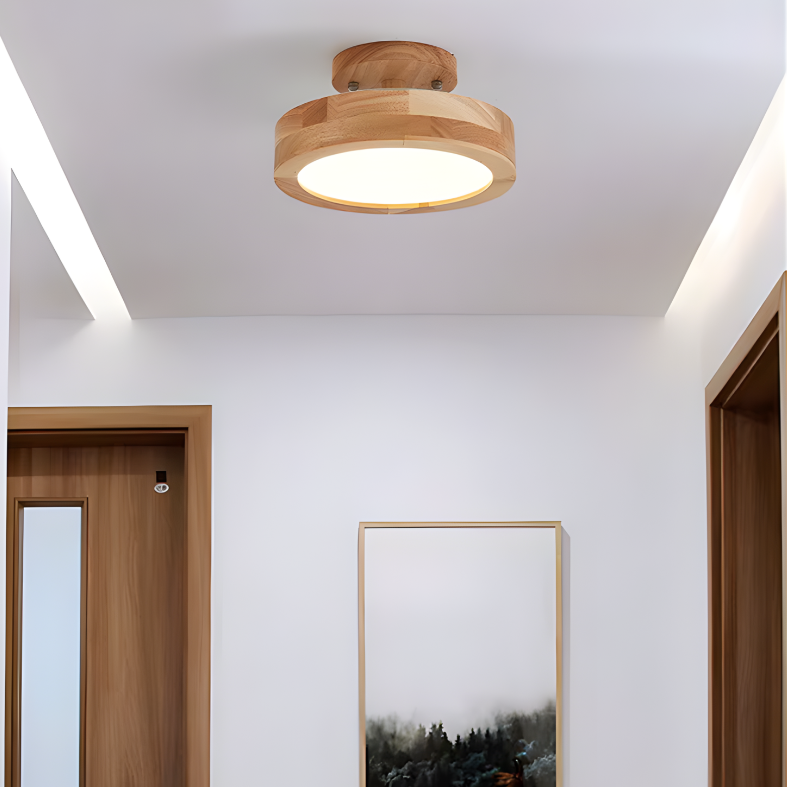 Wooden ceiling light fixture in a room with white walls and wooden doors.