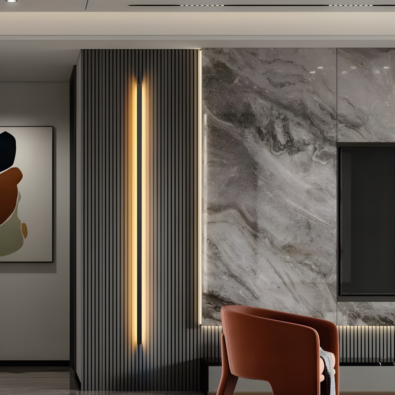 Modern interior with a chair, wall art, and decorative light fixture.