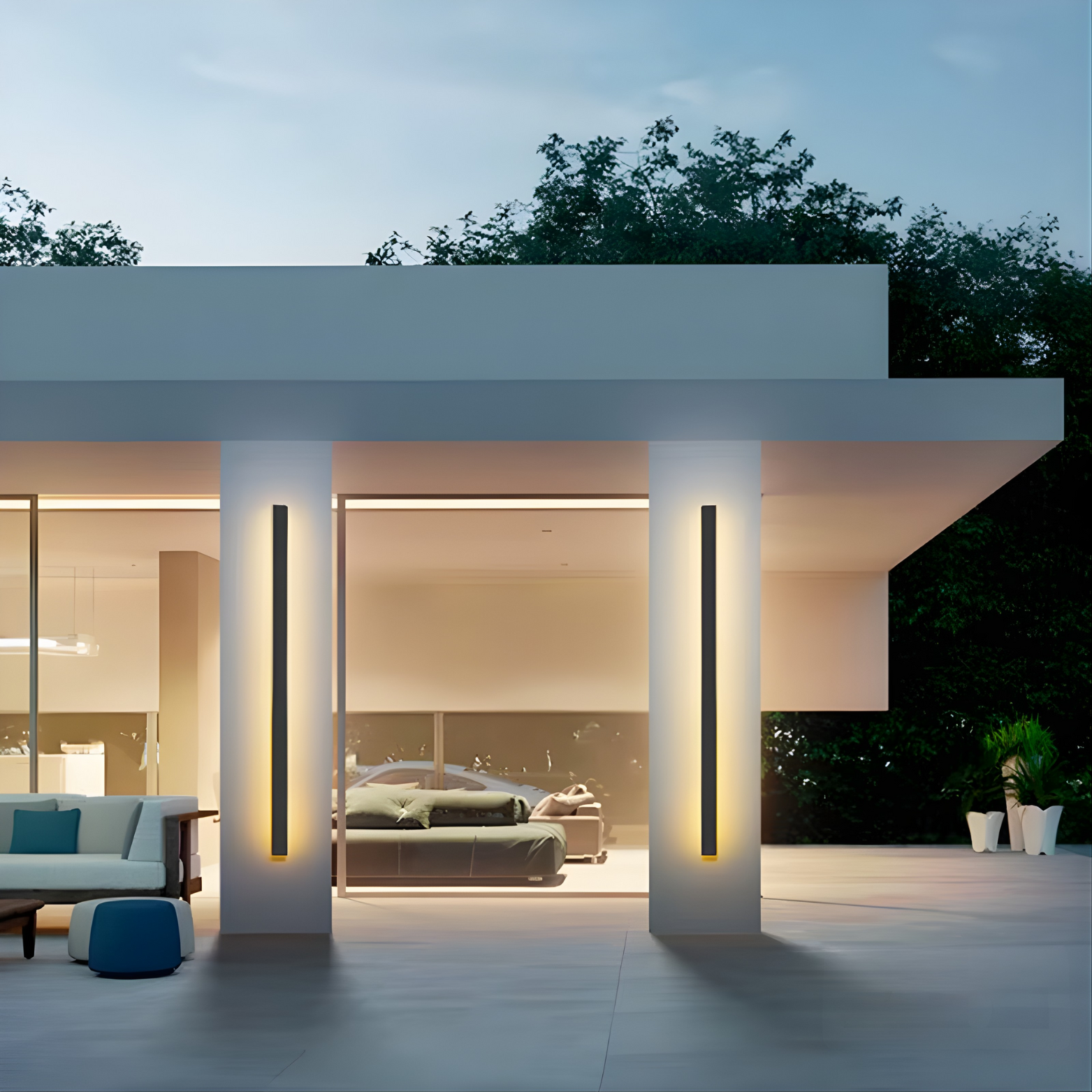 Modern outdoor living space with a covered patio area, furniture, and decorative elements.