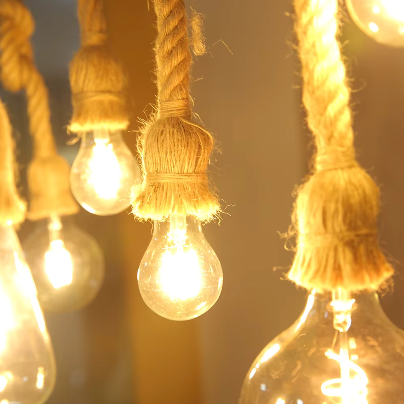 Vintage-style light bulbs hanging by braided ropes with a warm glow.