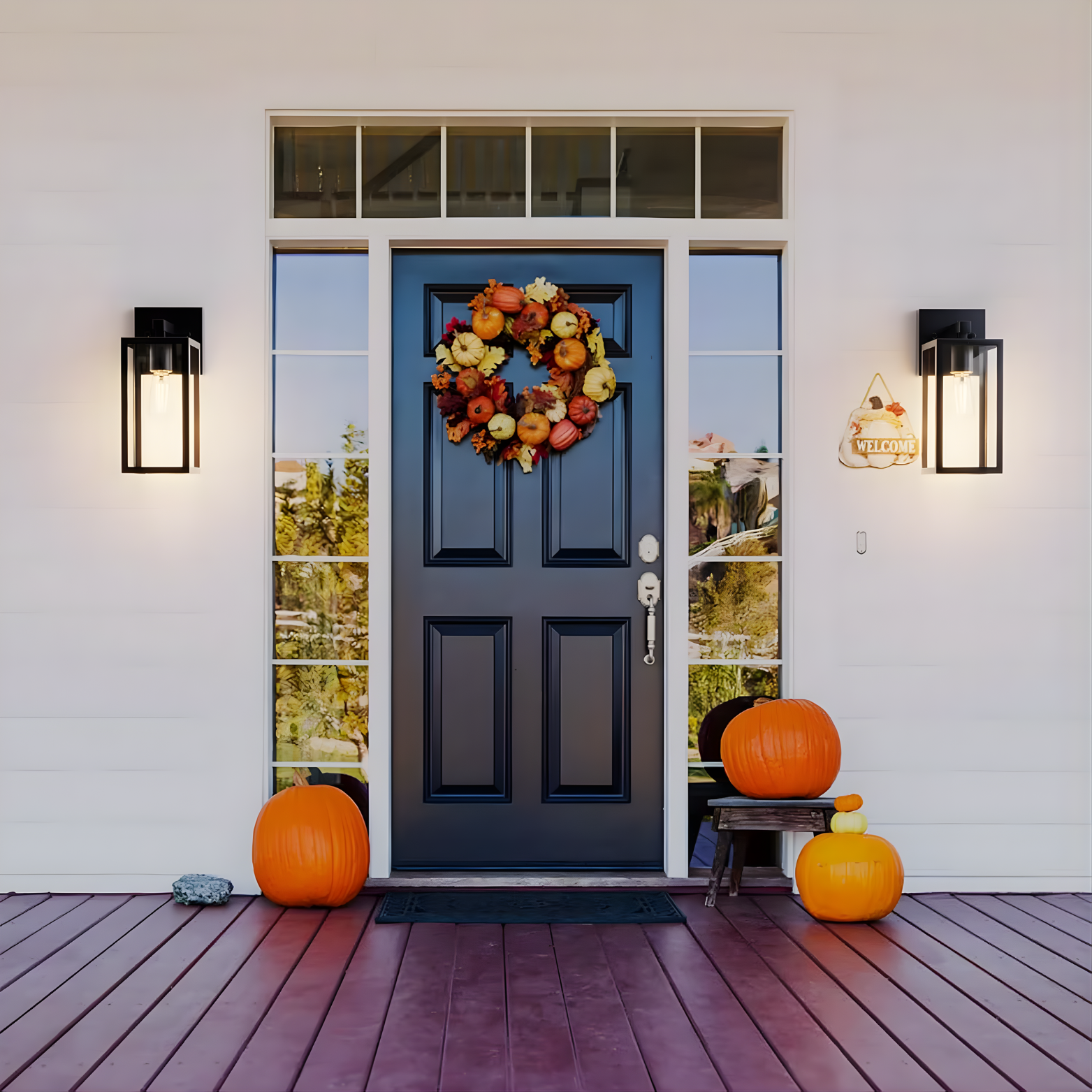 Front door with a wreath and pumpkins on a wooden deck