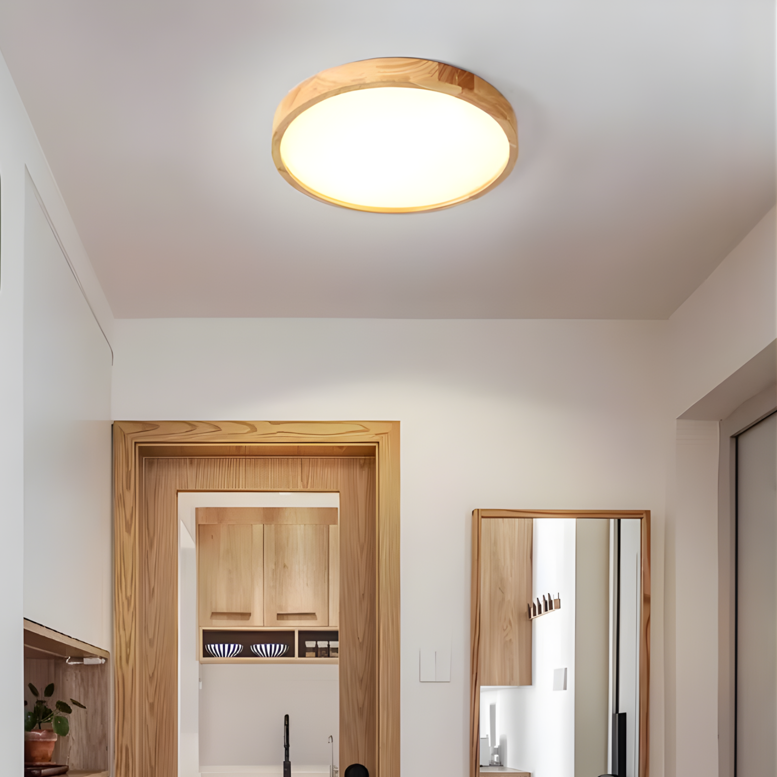 Ceiling light fixture in a room with wooden doors and white walls