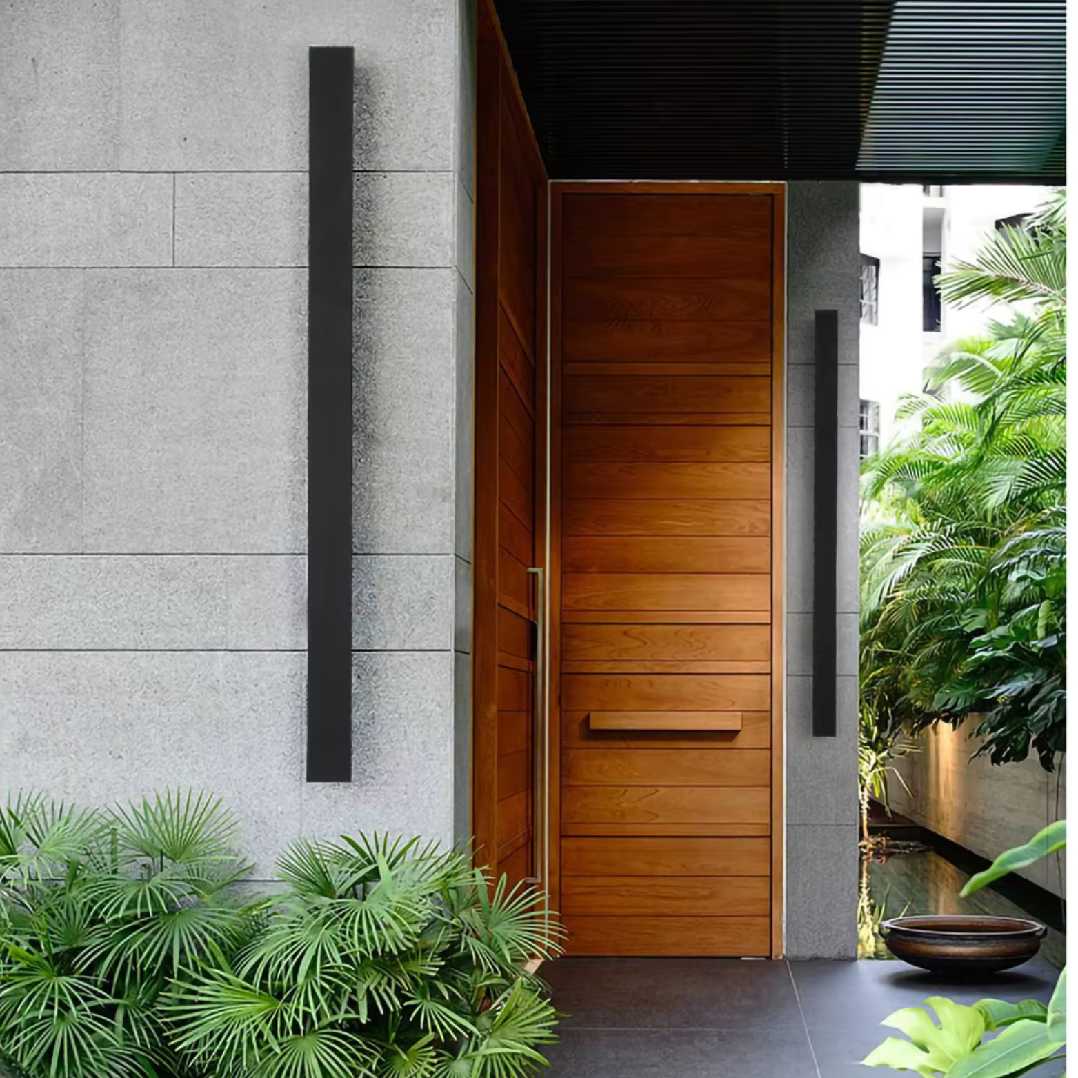 Modern wooden door with gray wall and green plants