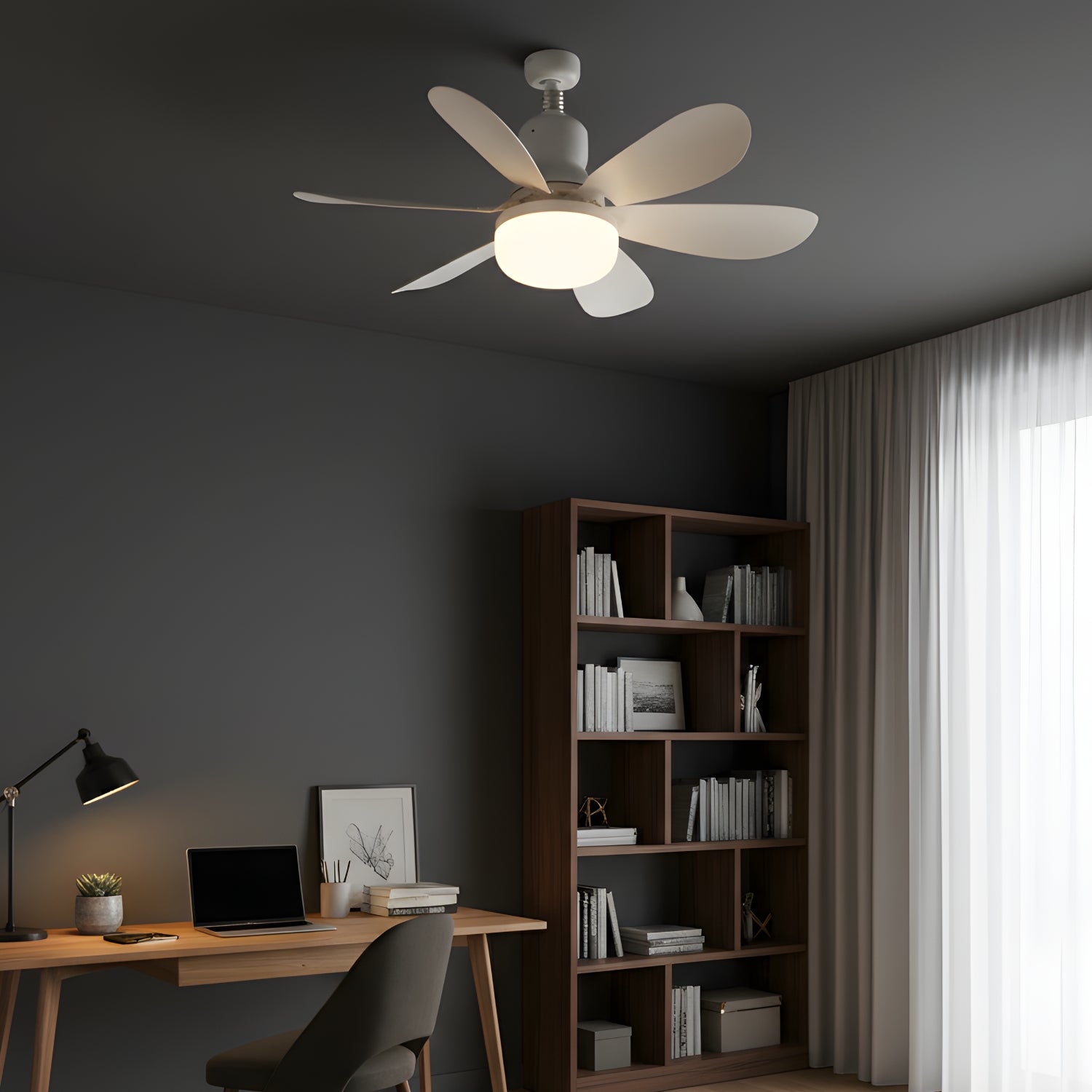 Ceiling fan in a modern room with a desk, bookshelf, and window.