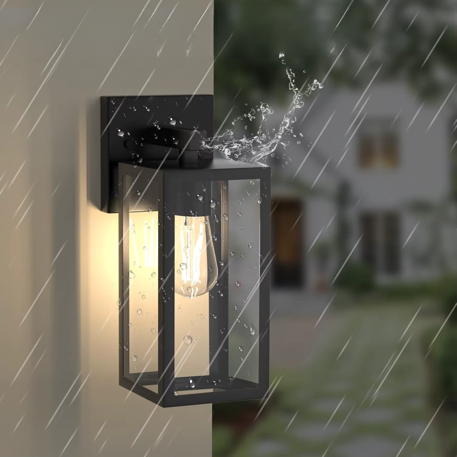 Outdoor wall light fixture on a rain-soaked wall with a blurred garden background