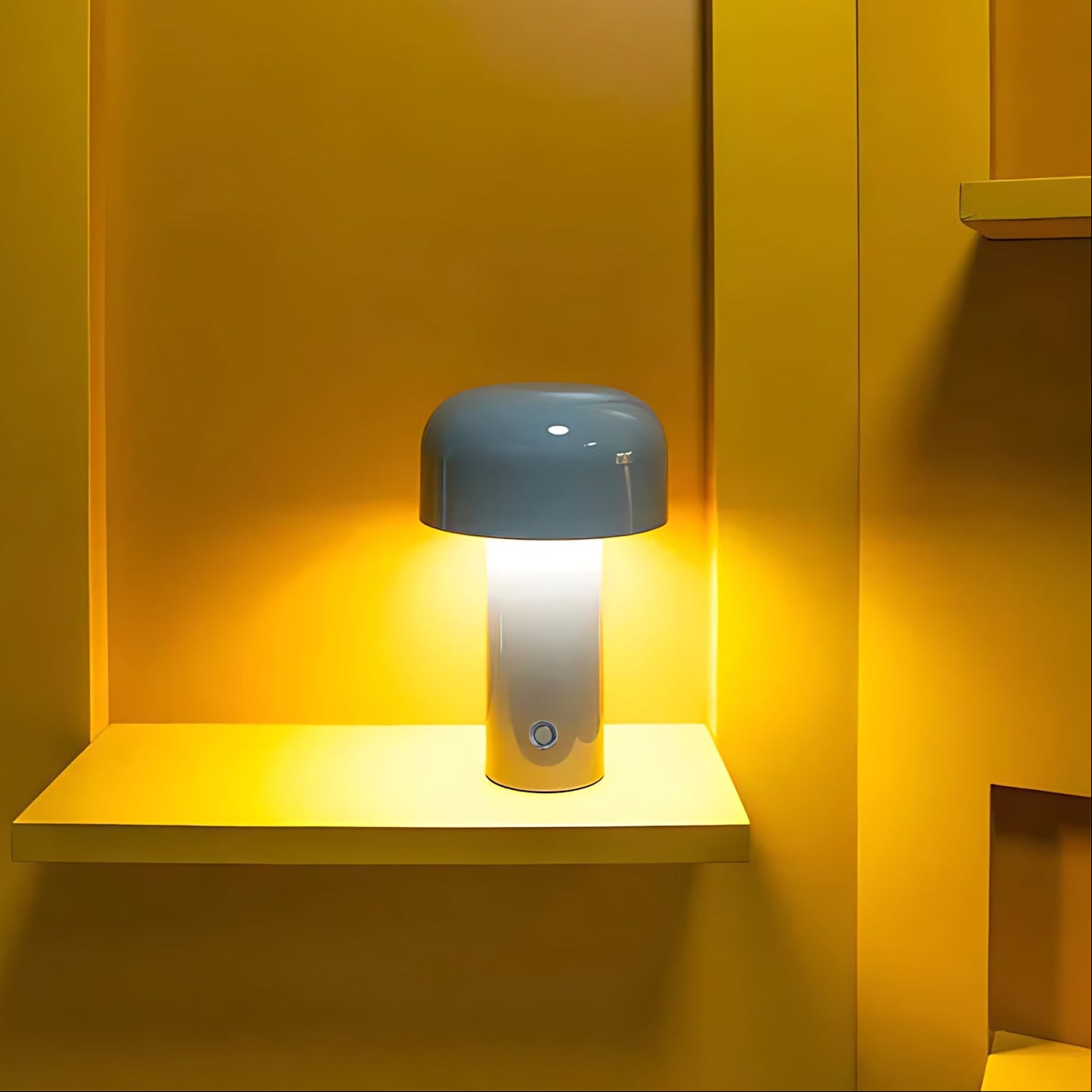 Small lamp on a shelf against a yellow wall