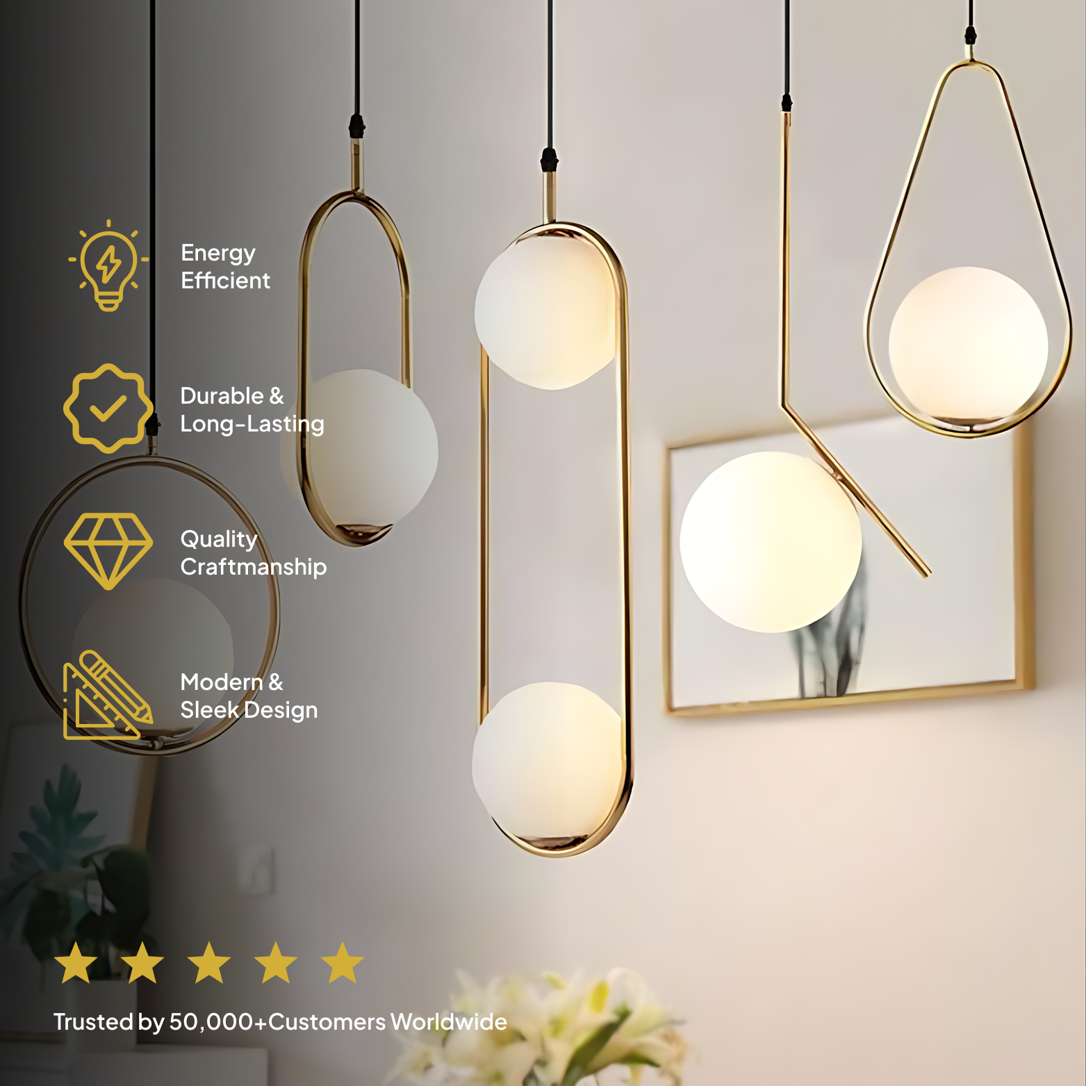 Modern pendant lights with energy efficiency, durability, quality craftsmanship, and design features highlighted.