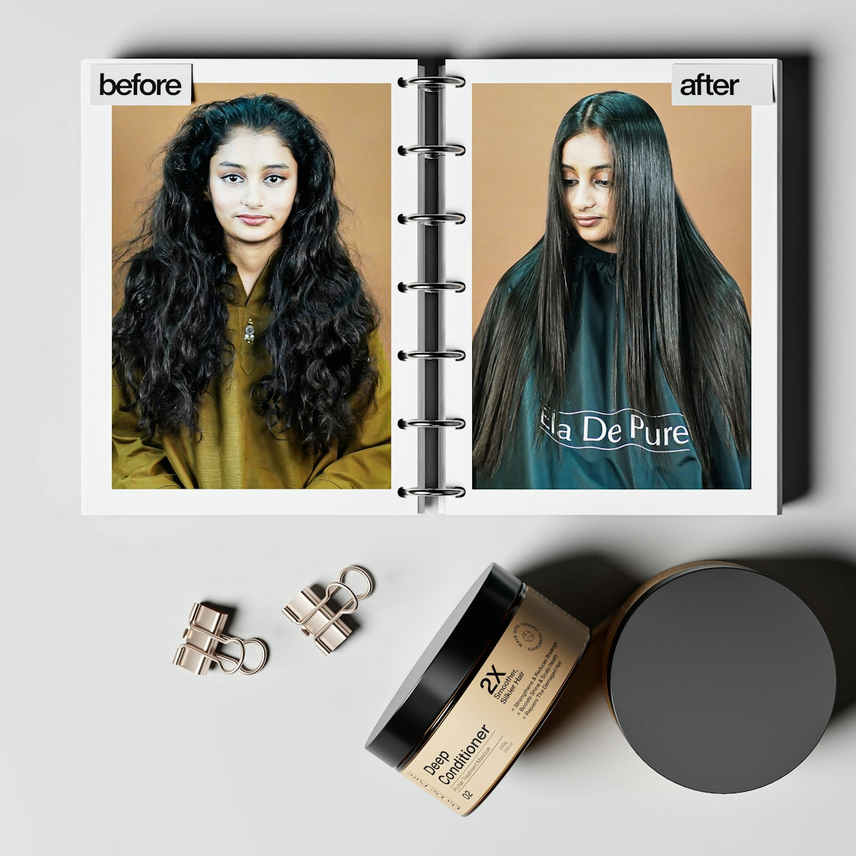 Woman's hair before and after treatment, displayed with cosmetic jars
