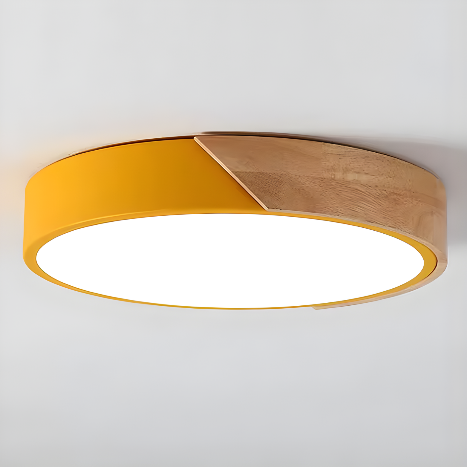 Ceiling light fixture with yellow and wooden design on a white background