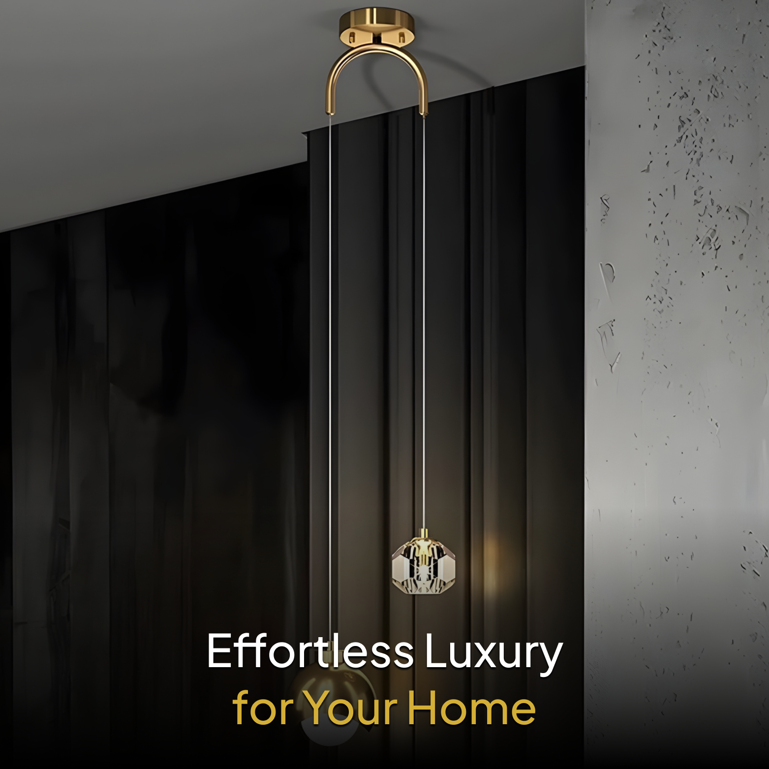 Modern ceiling light fixture with gold finish and crystal detail against a dark curtain background.