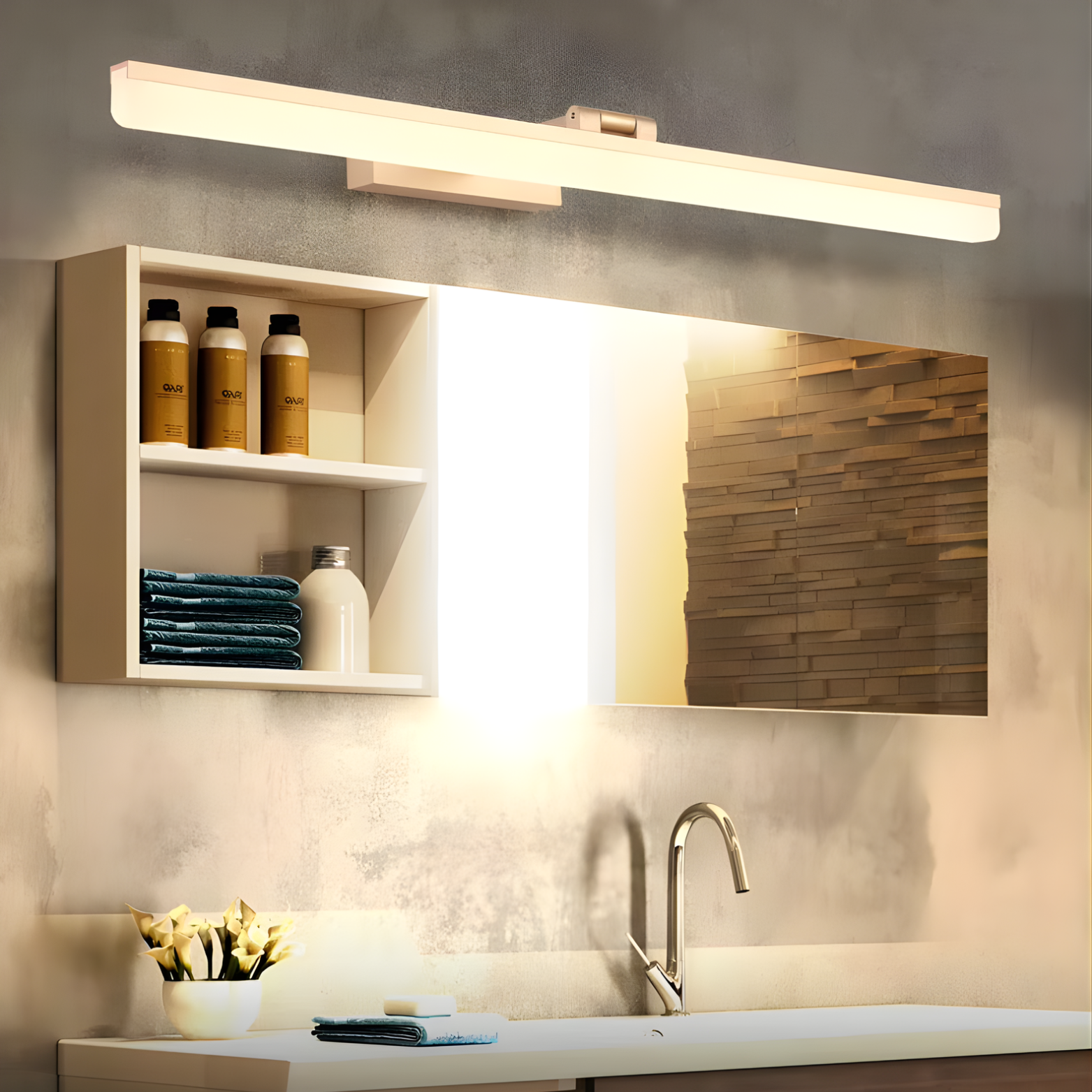 Modern bathroom setup with a mirror, light fixture, and shelves.