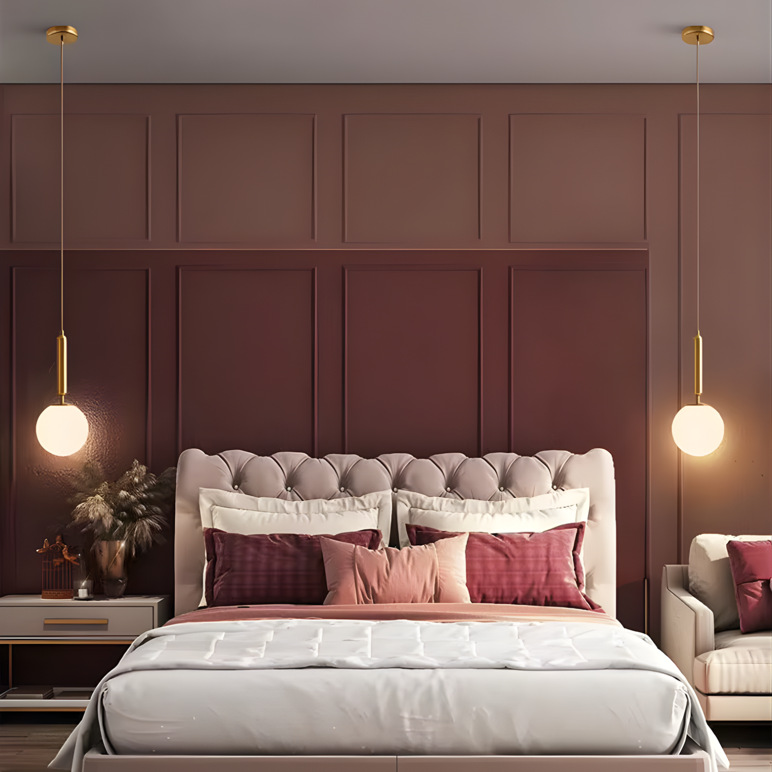 Modern bedroom with a tufted headboard and decorative pillows against a paneled wall.