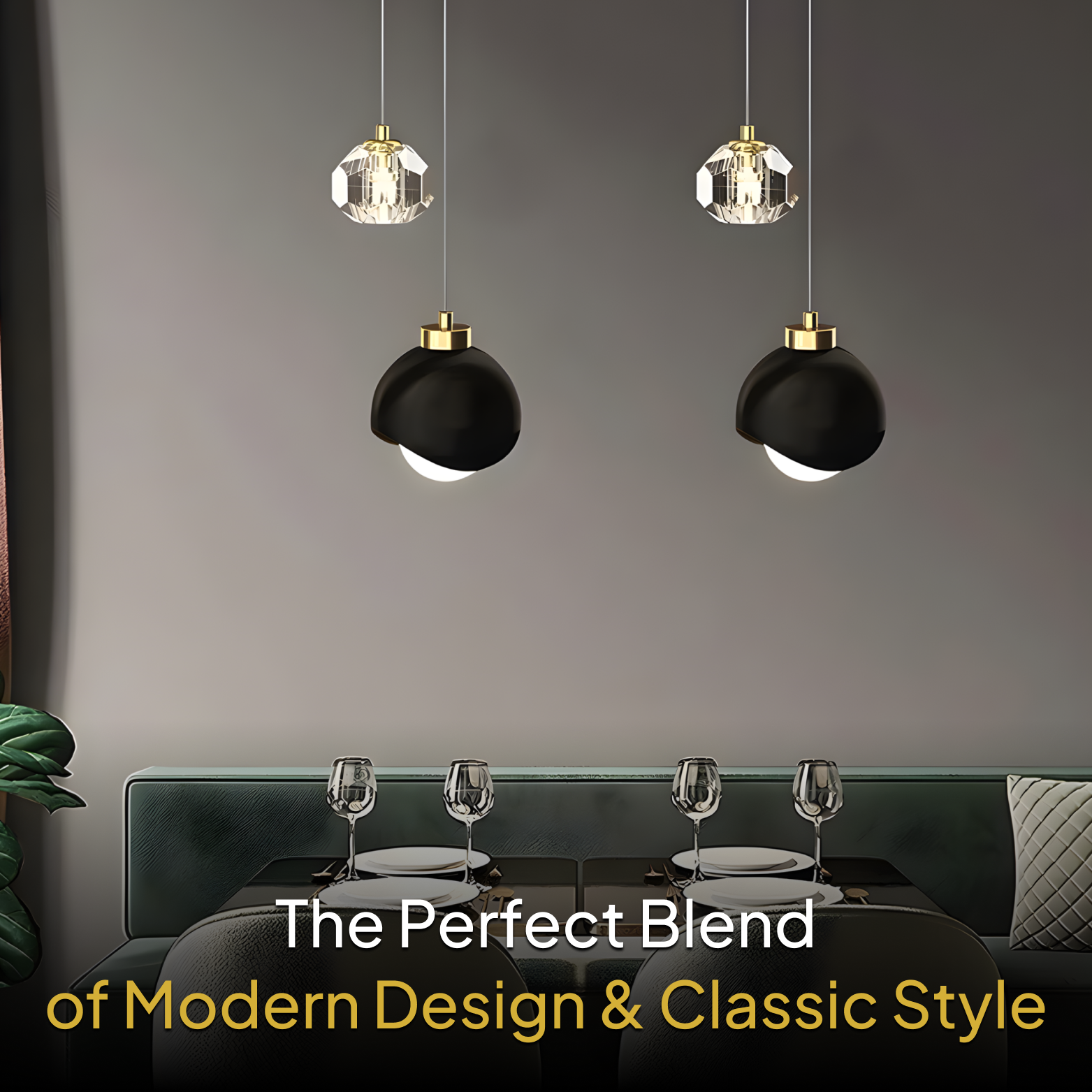 Modern dining area with black pendant lights and a gray wall.