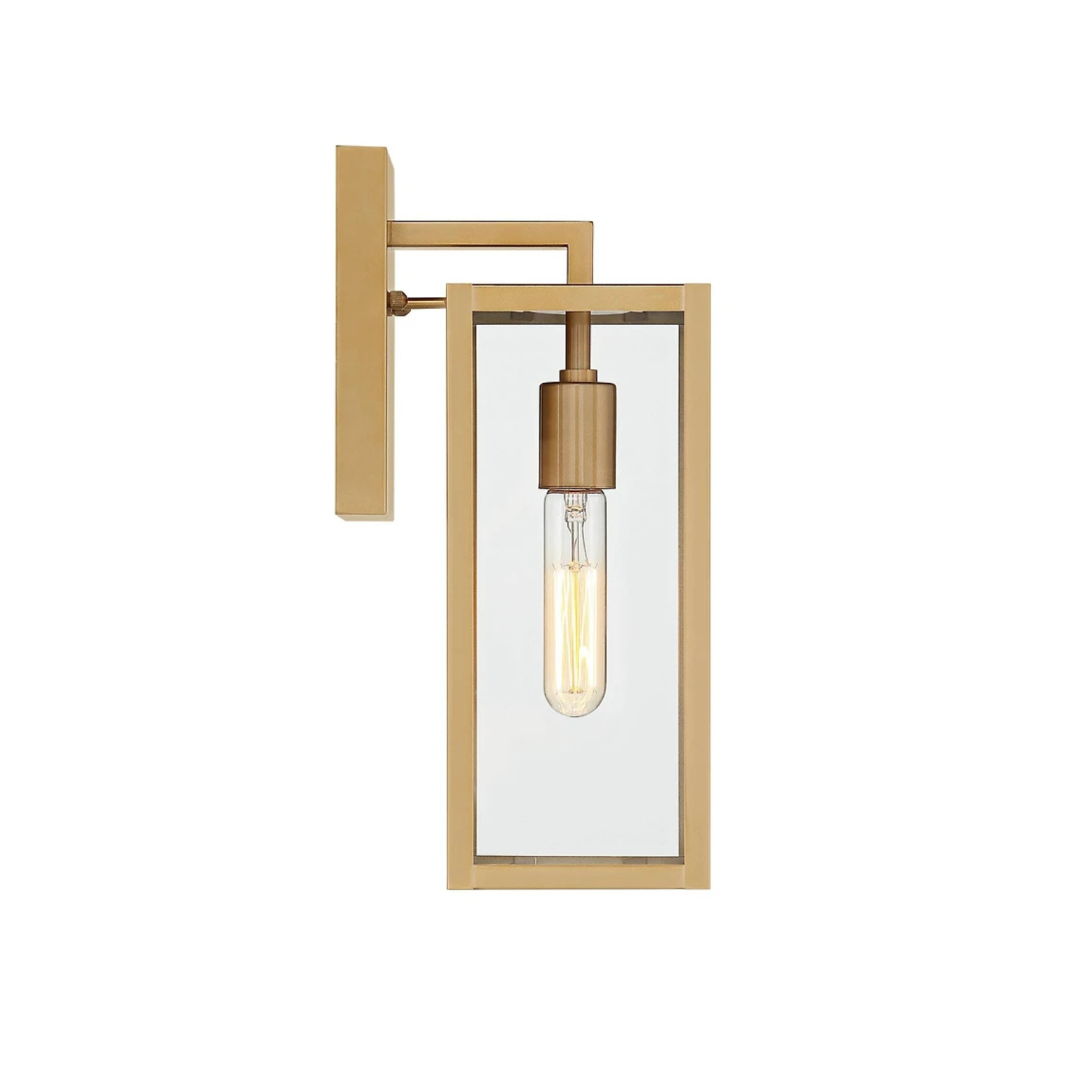 Gold wall-mounted light fixture with clear glass on a white background