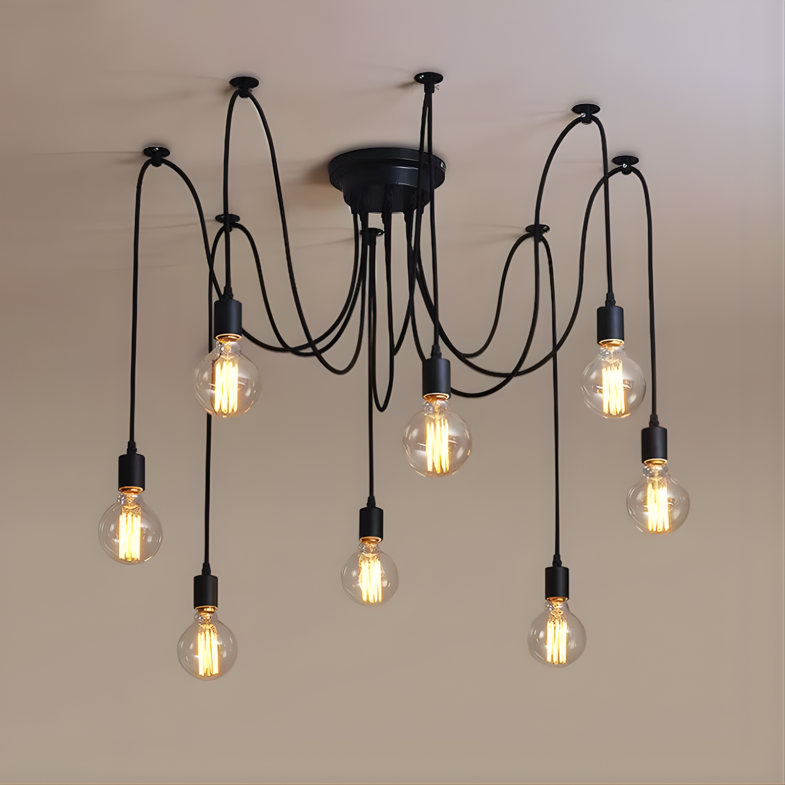Modern chandelier with multiple hanging light bulbs on a neutral background