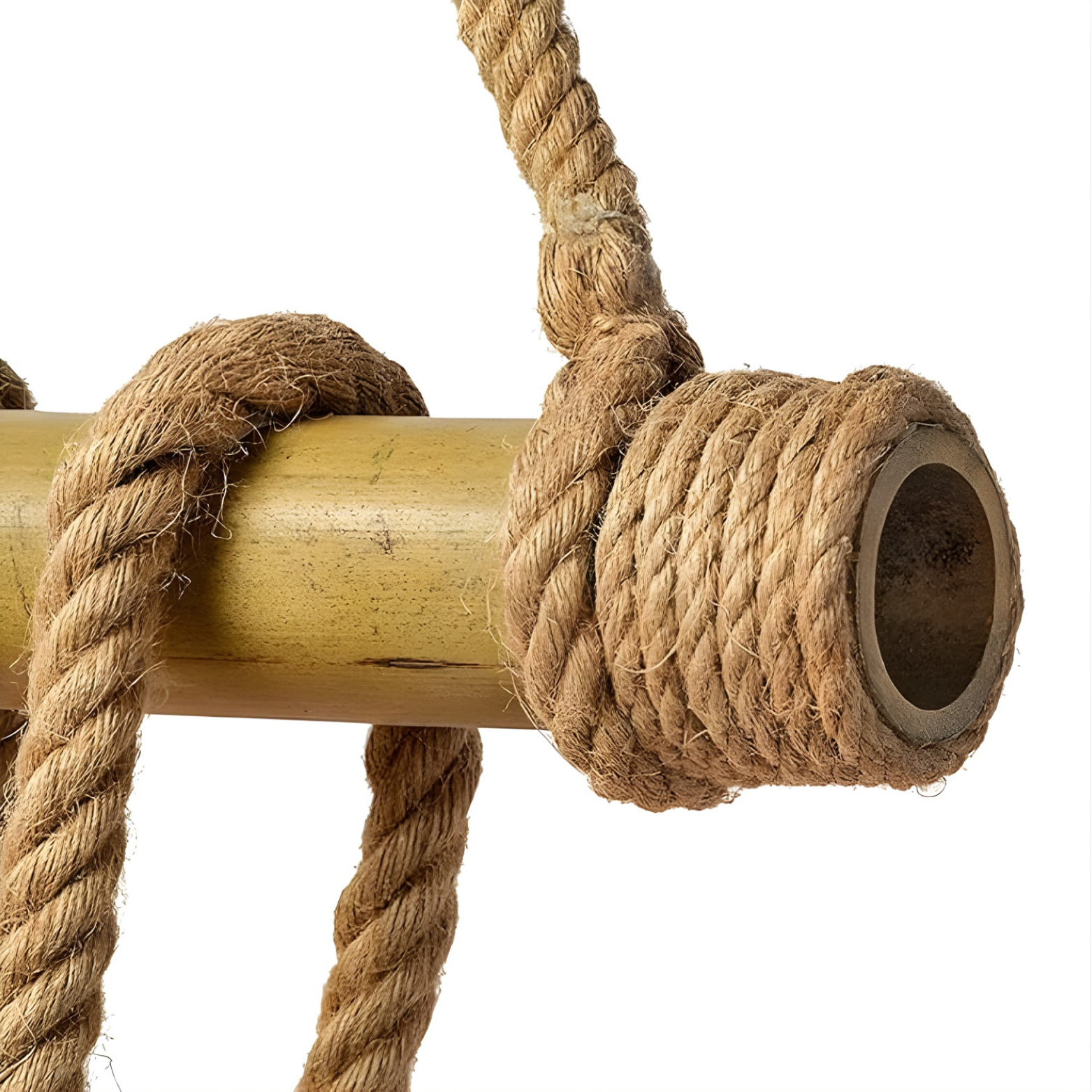 Pendant Light Close-up of a wooden bar with braided rope wrapped around it on a white background