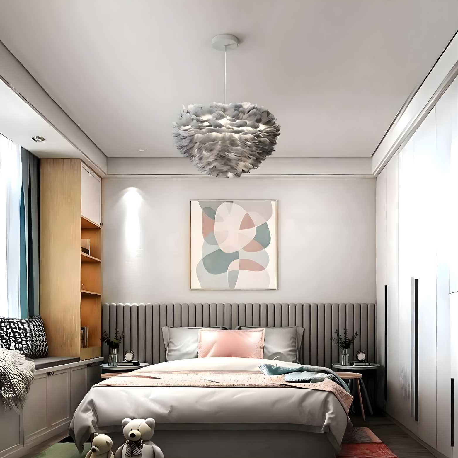 Modern bedroom with a bed, nightstands, and abstract art on the wall.