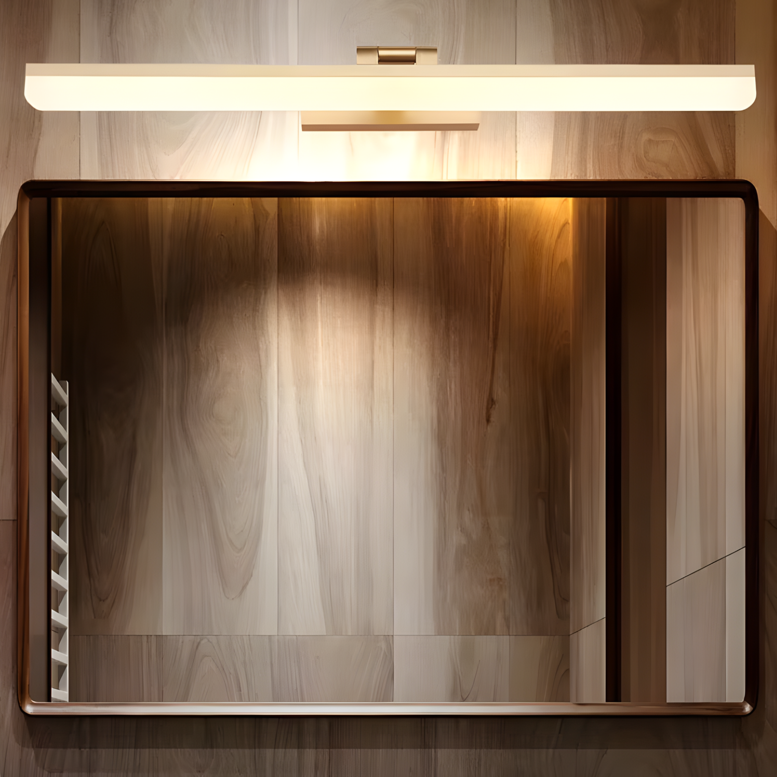 Wooden mirror with a light fixture above it on a wooden wall.