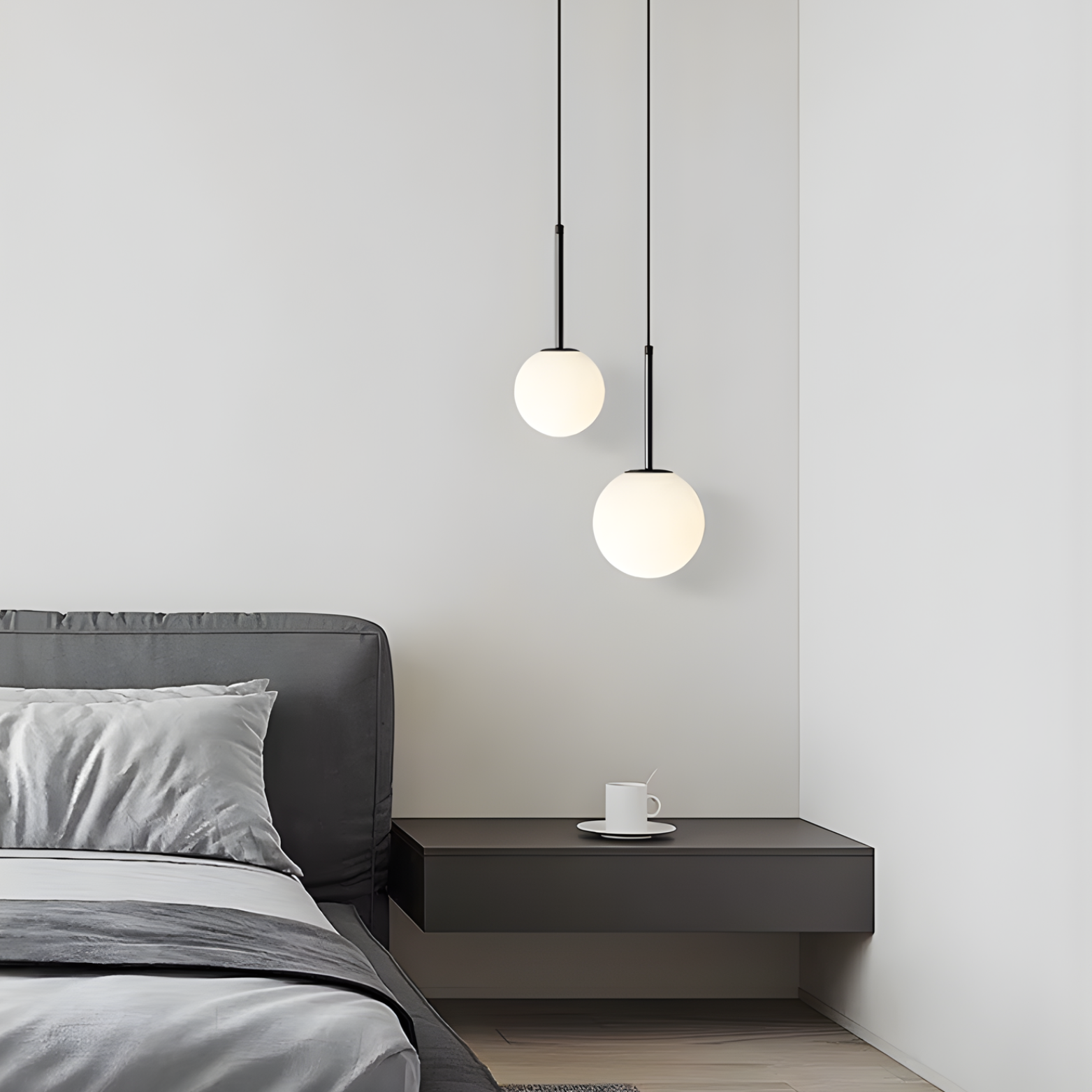 Modern bedroom with a bed, nightstand, and pendant lights.