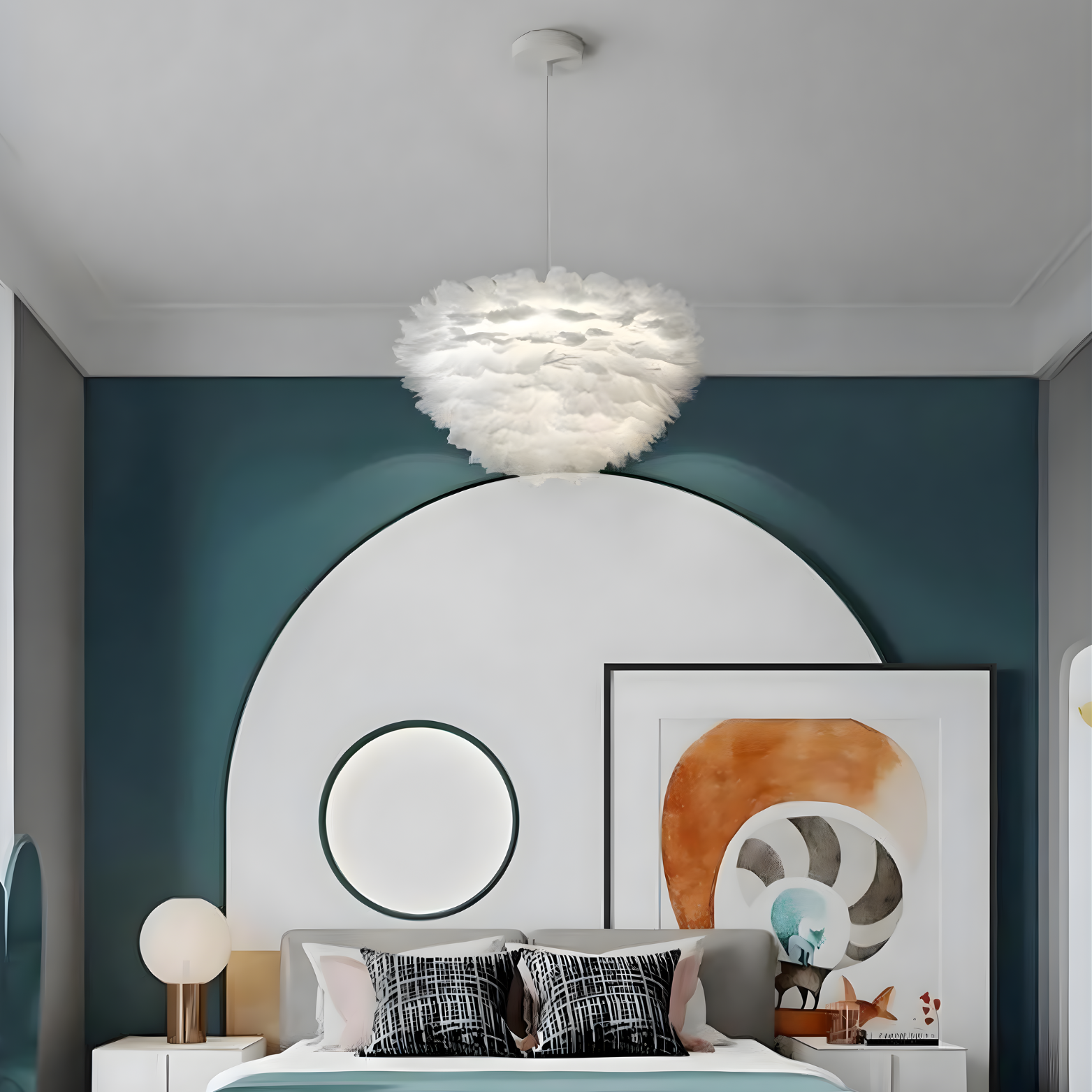 Modern bedroom with a round headboard, decorative pillows, and wall art.