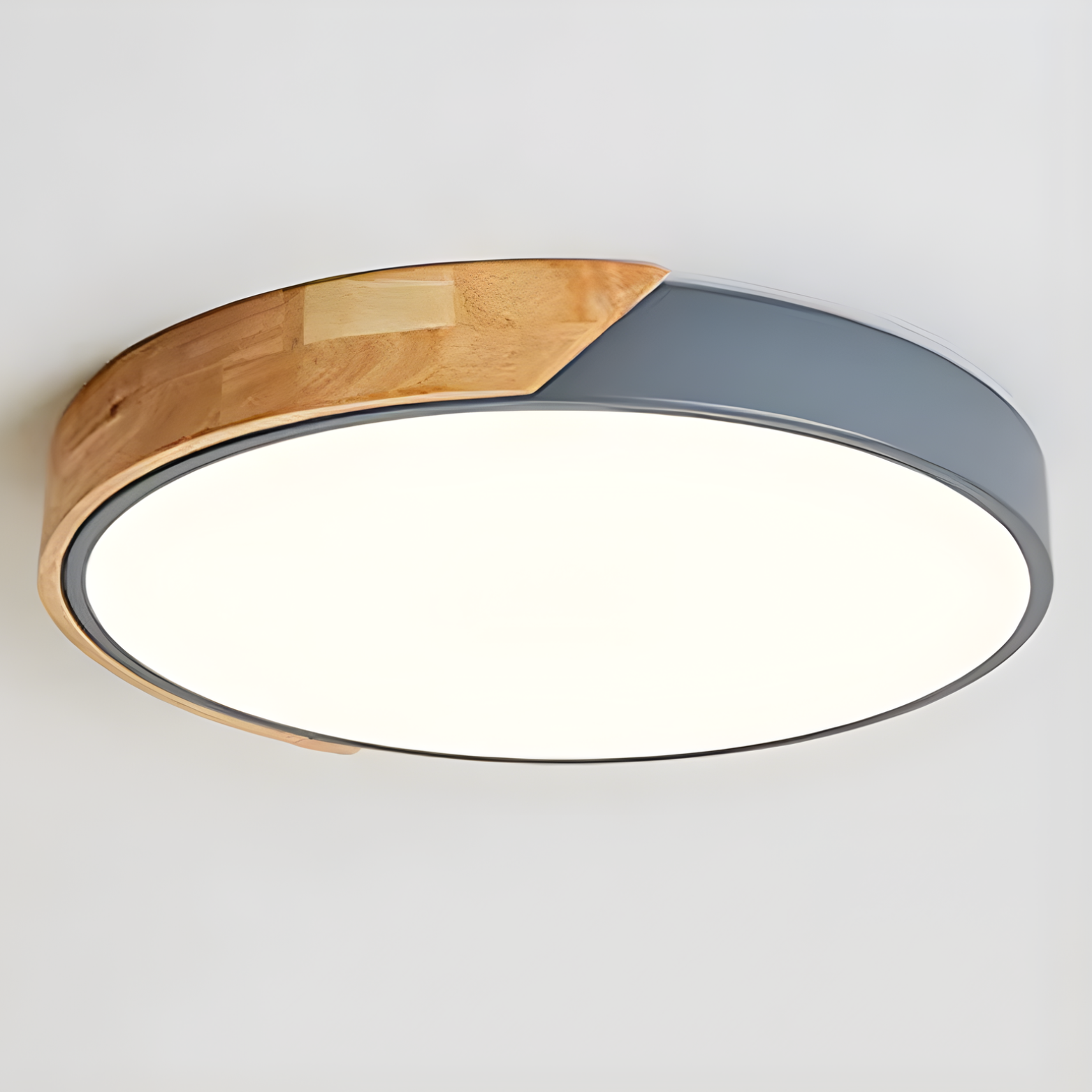 Ceiling light fixture with wooden and gray design on a white background