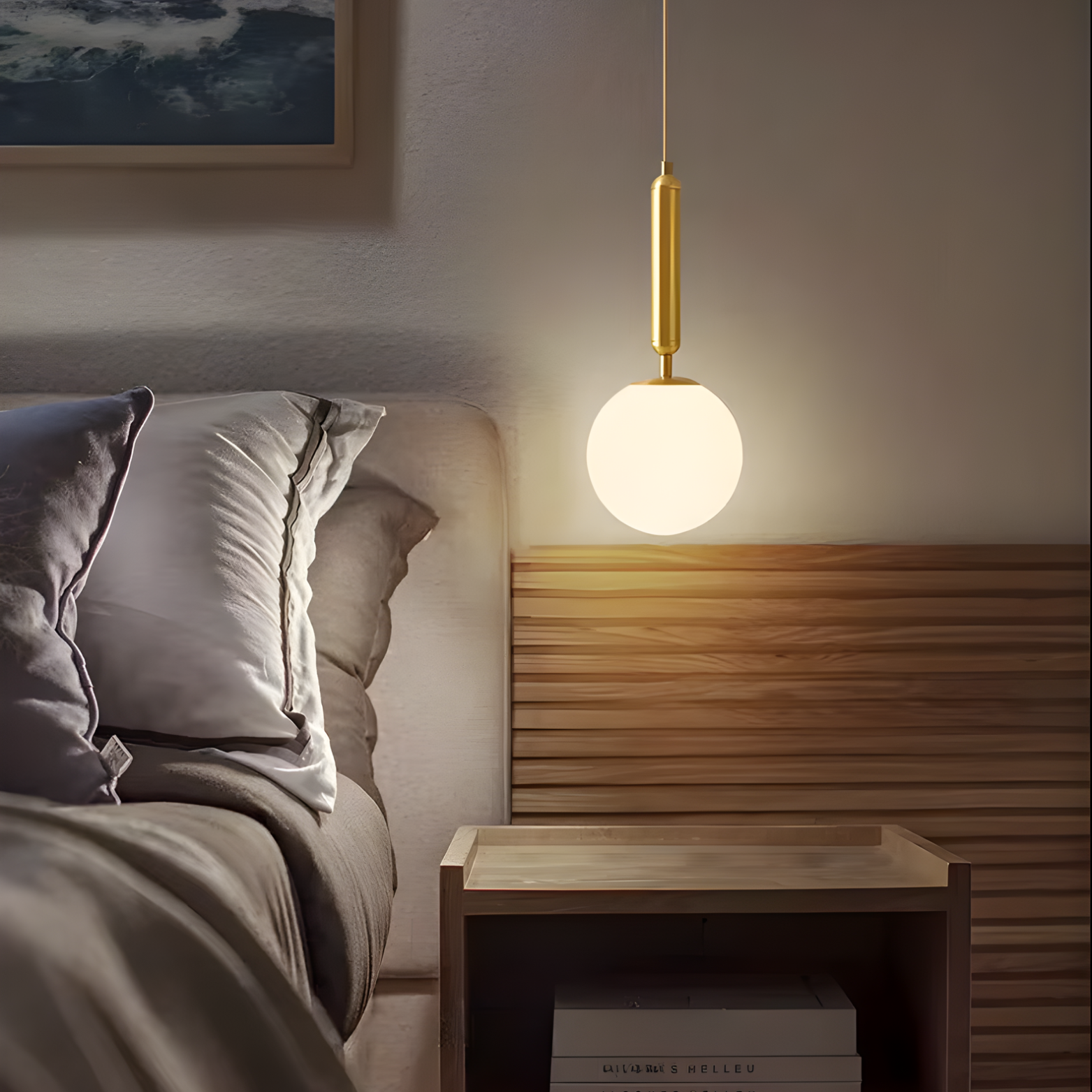 Modern bedroom with a bed, nightstand, and pendant light.